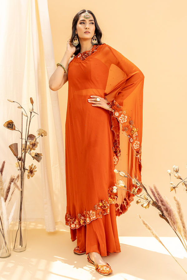 Orange Embroidered Georgette Drape Sharara Set