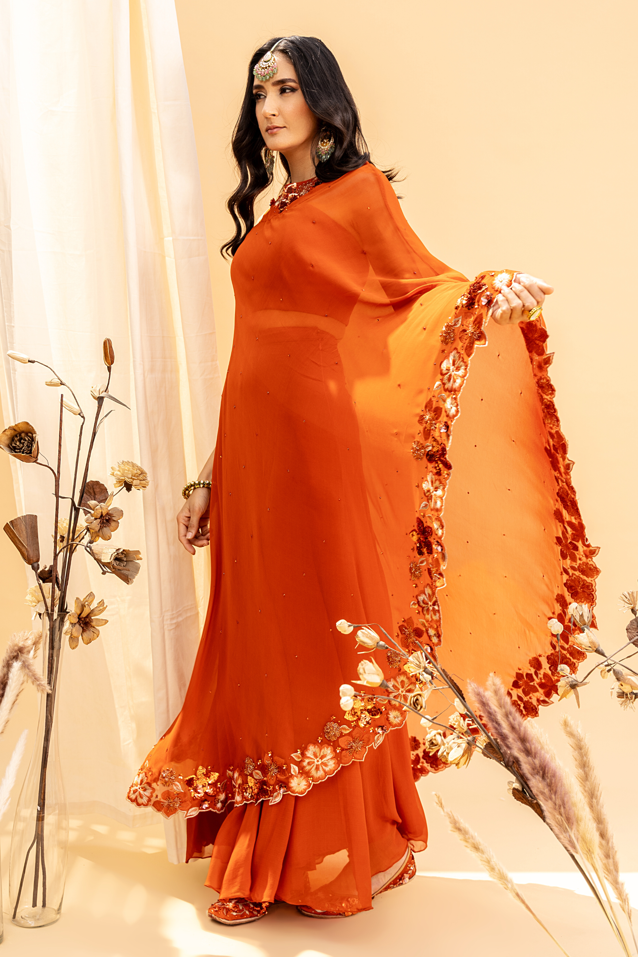 Orange Embroidered Drape Sharara Set