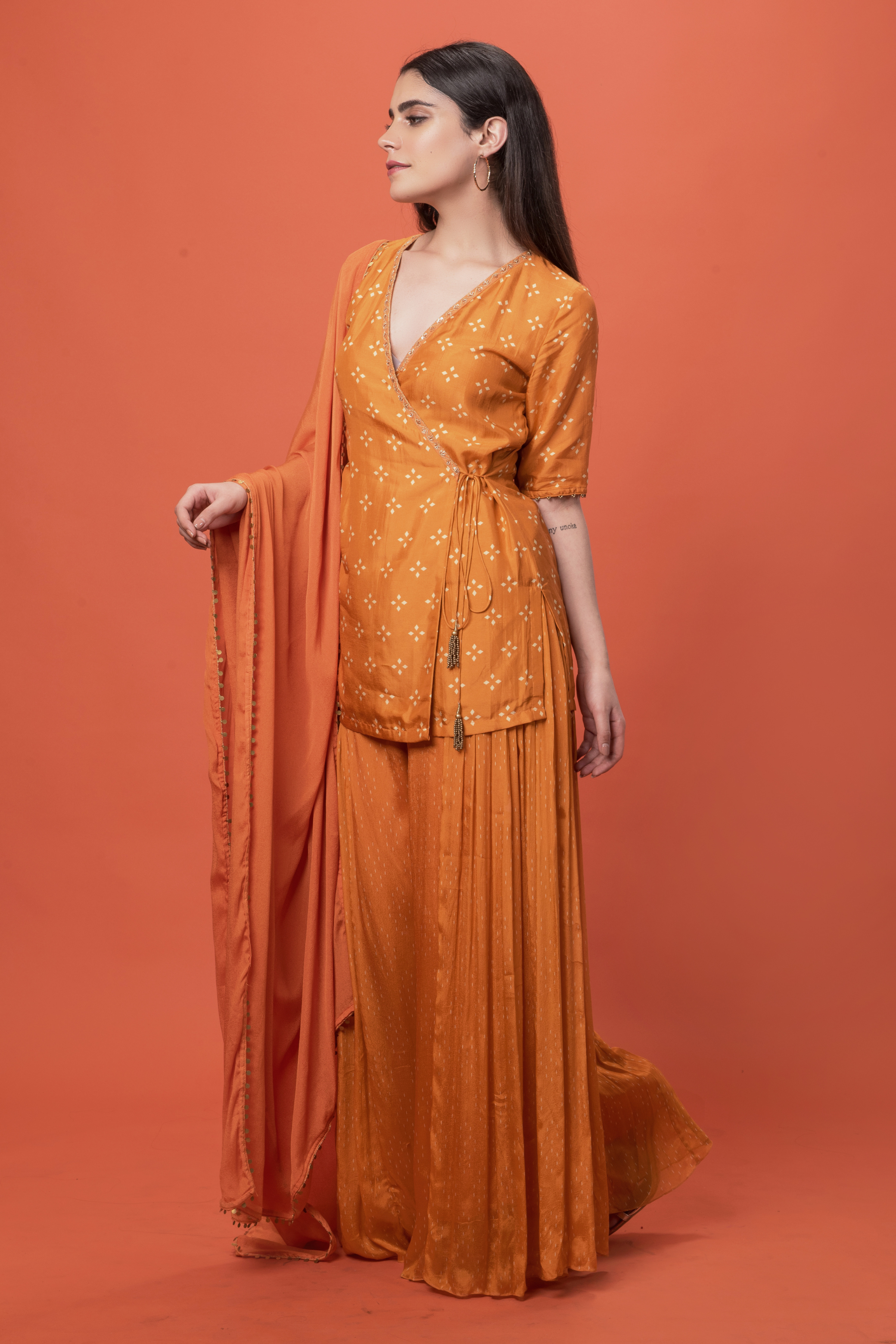 Orange Angrakha Short Kurta Set with Dupatta