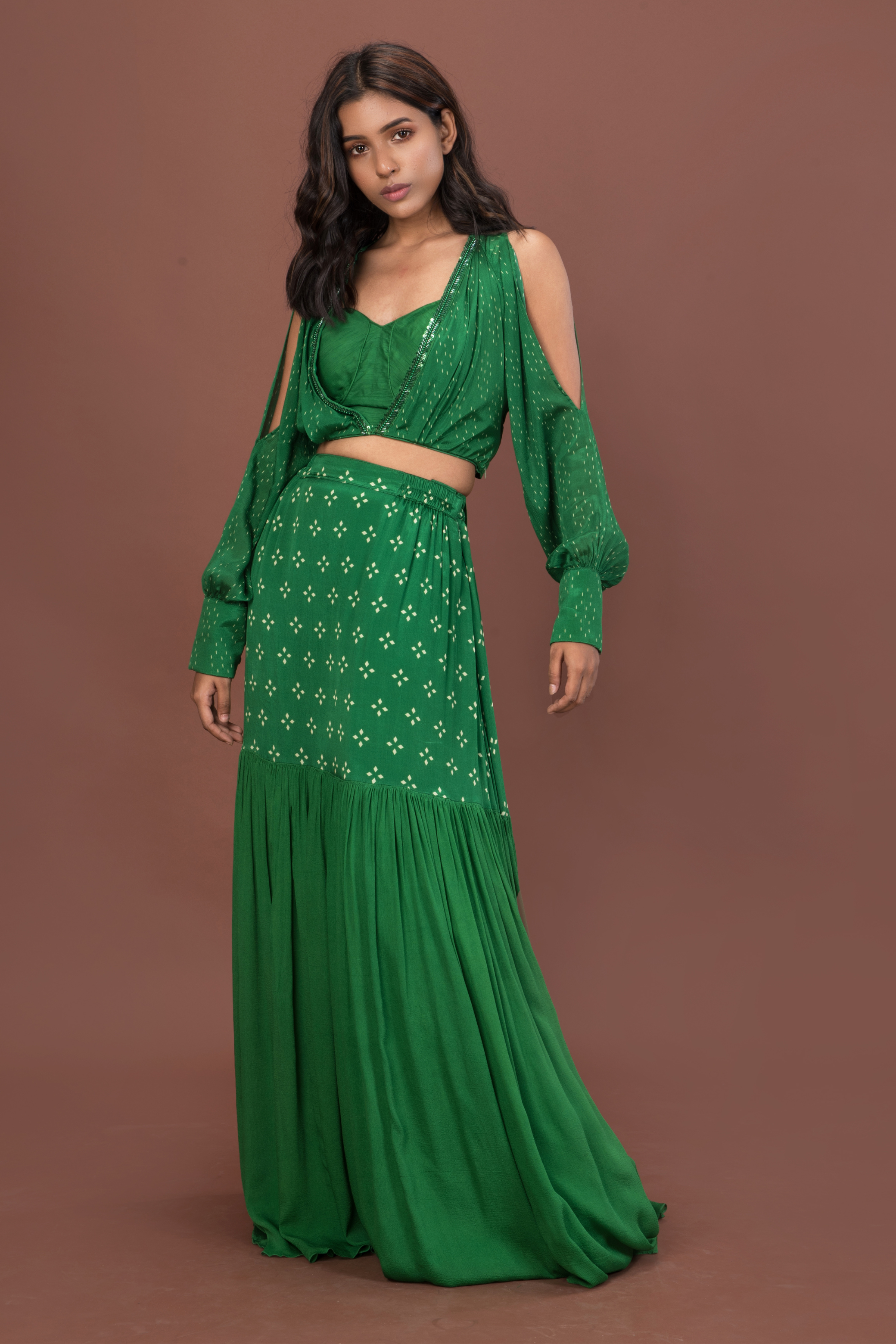 Green Printed Skirt with Embroidered Blouse