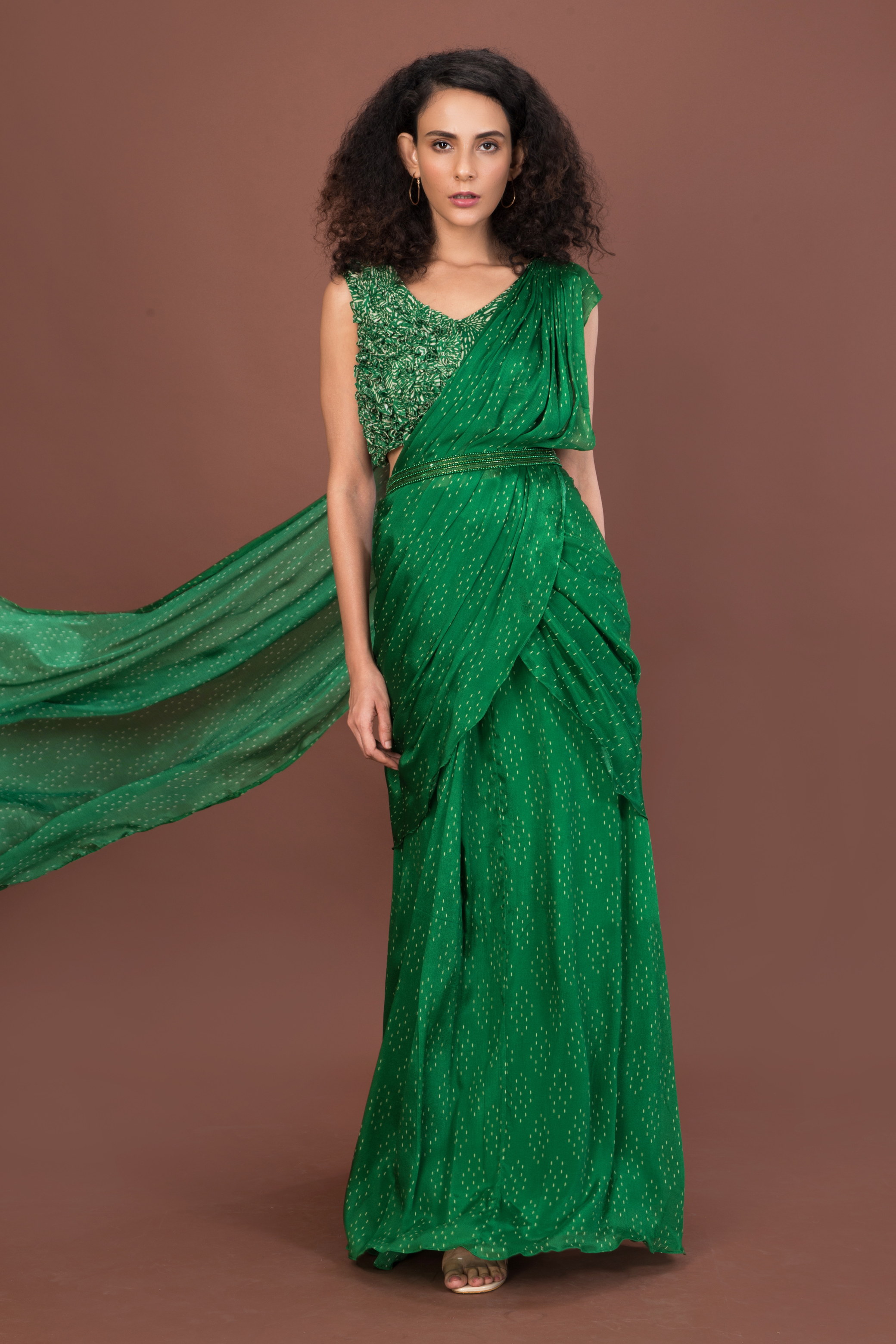 Green Pre-stitched Printed Saree with Belt 