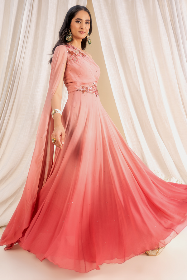 Dusty Pink Ombre Gown with Shoulder Drape