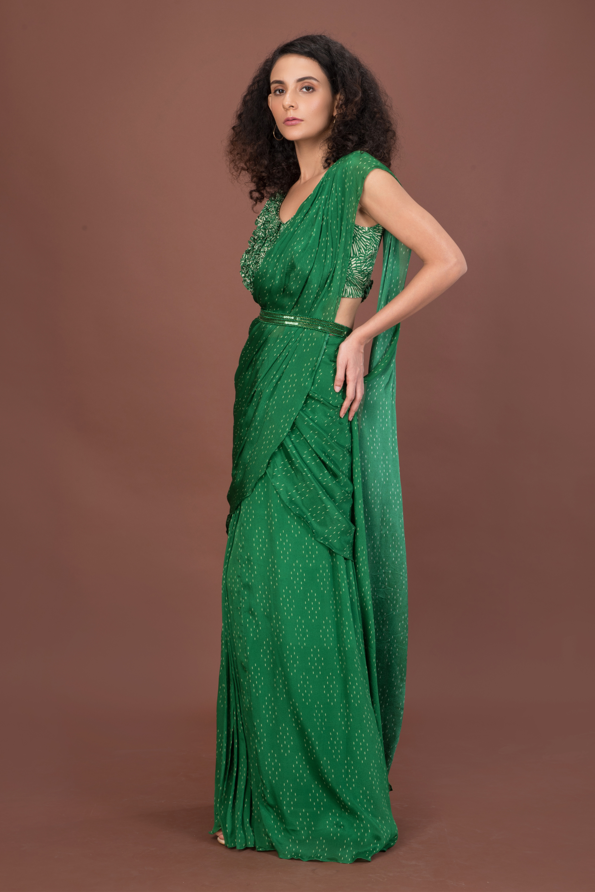 Green Printed Saree with Belt 