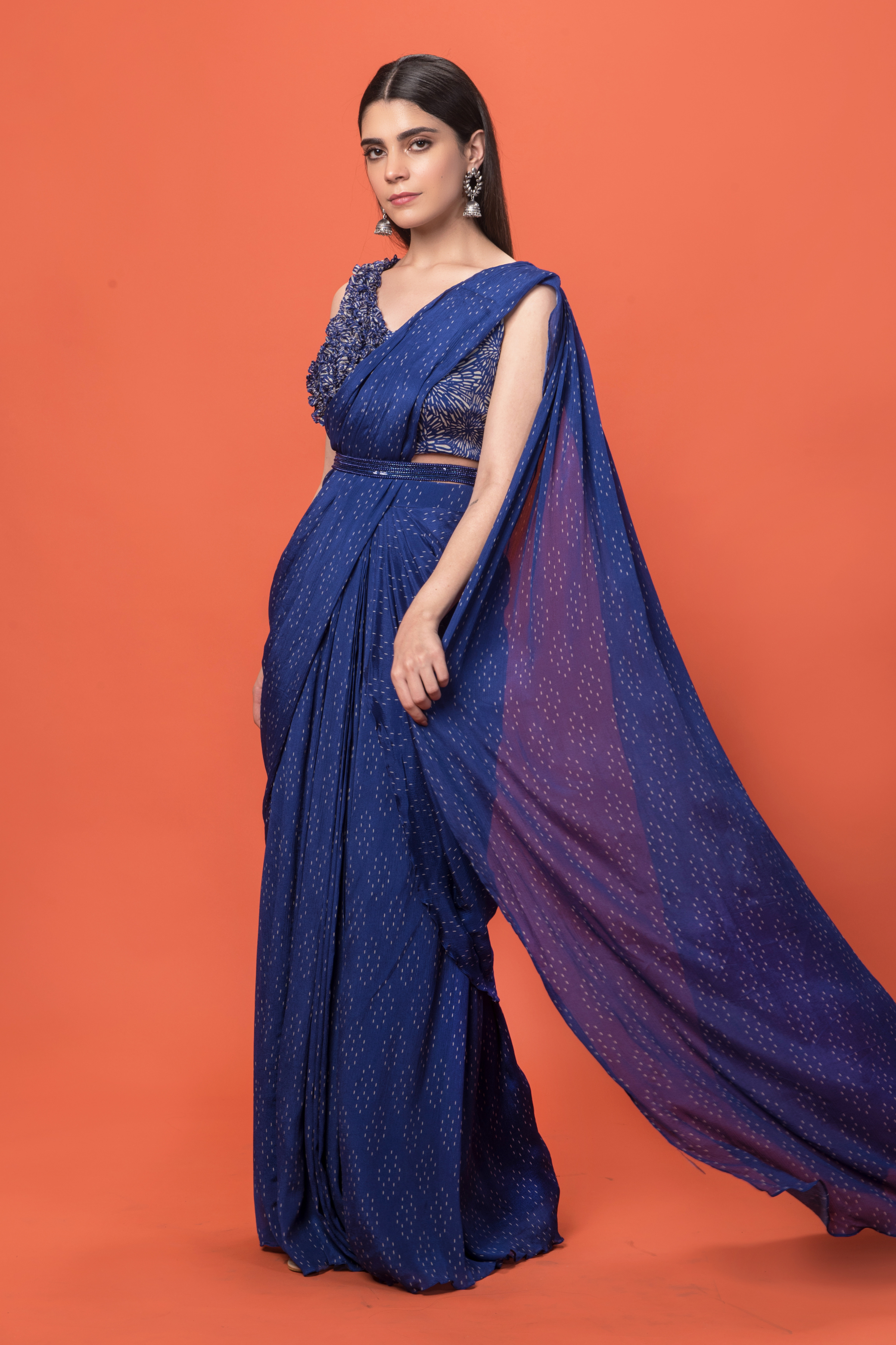 Blue Pre-stitched Printed Saree with Belt 