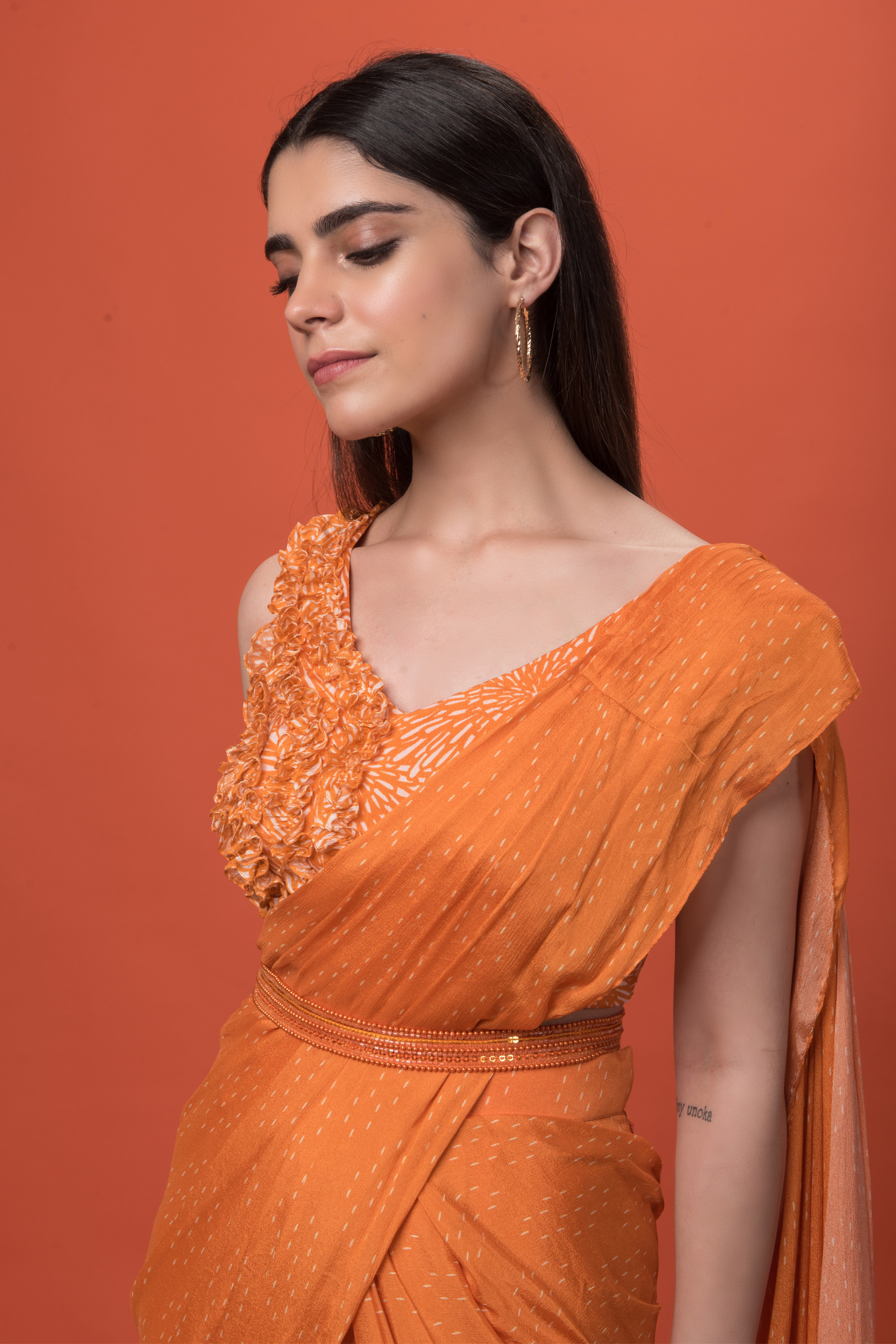 Orange Printed Saree with Belt 