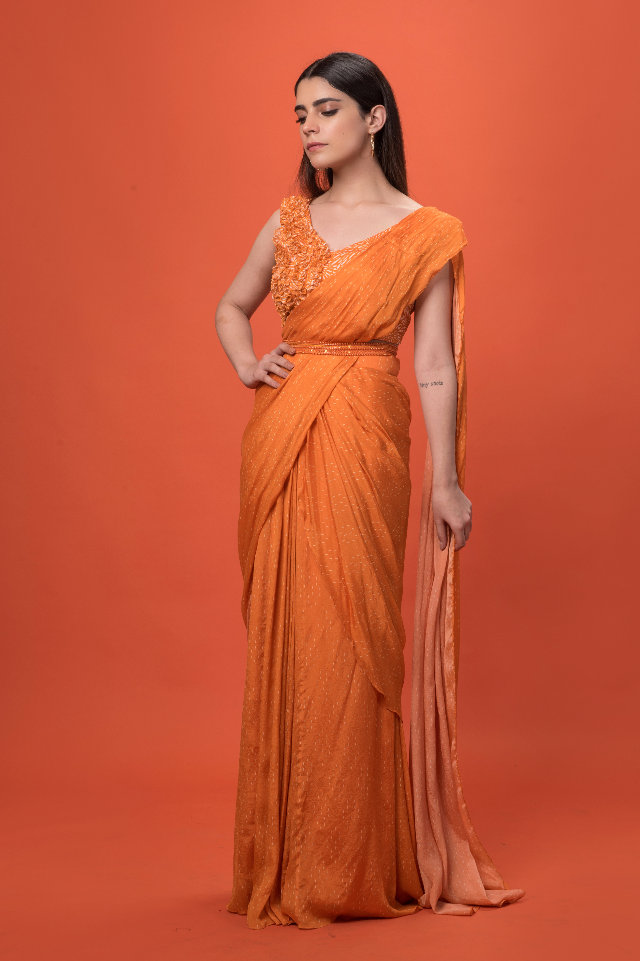 Orange Pre-stitched Printed Saree with Belt 