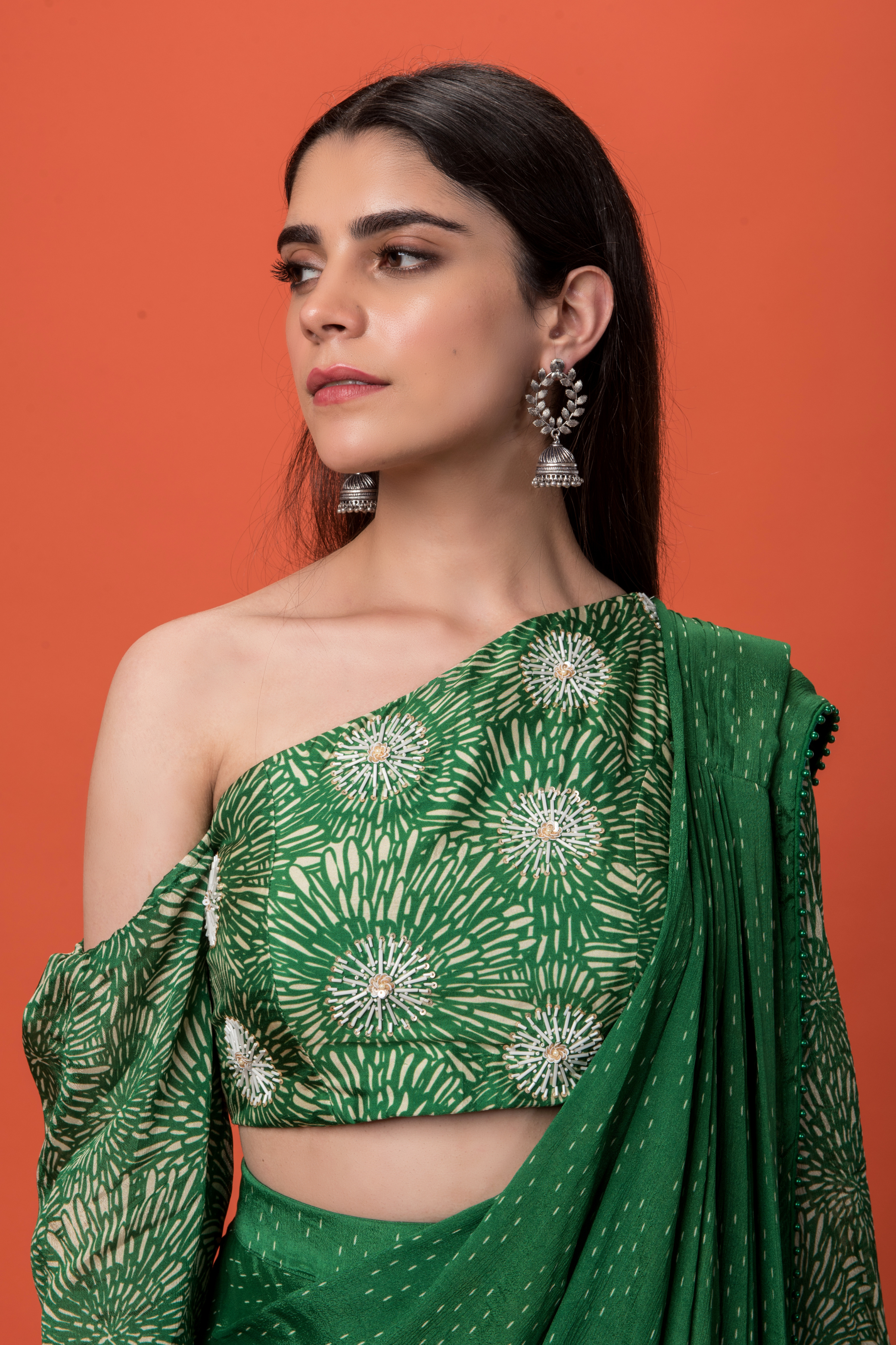 Pre-draped Green Printed Saree