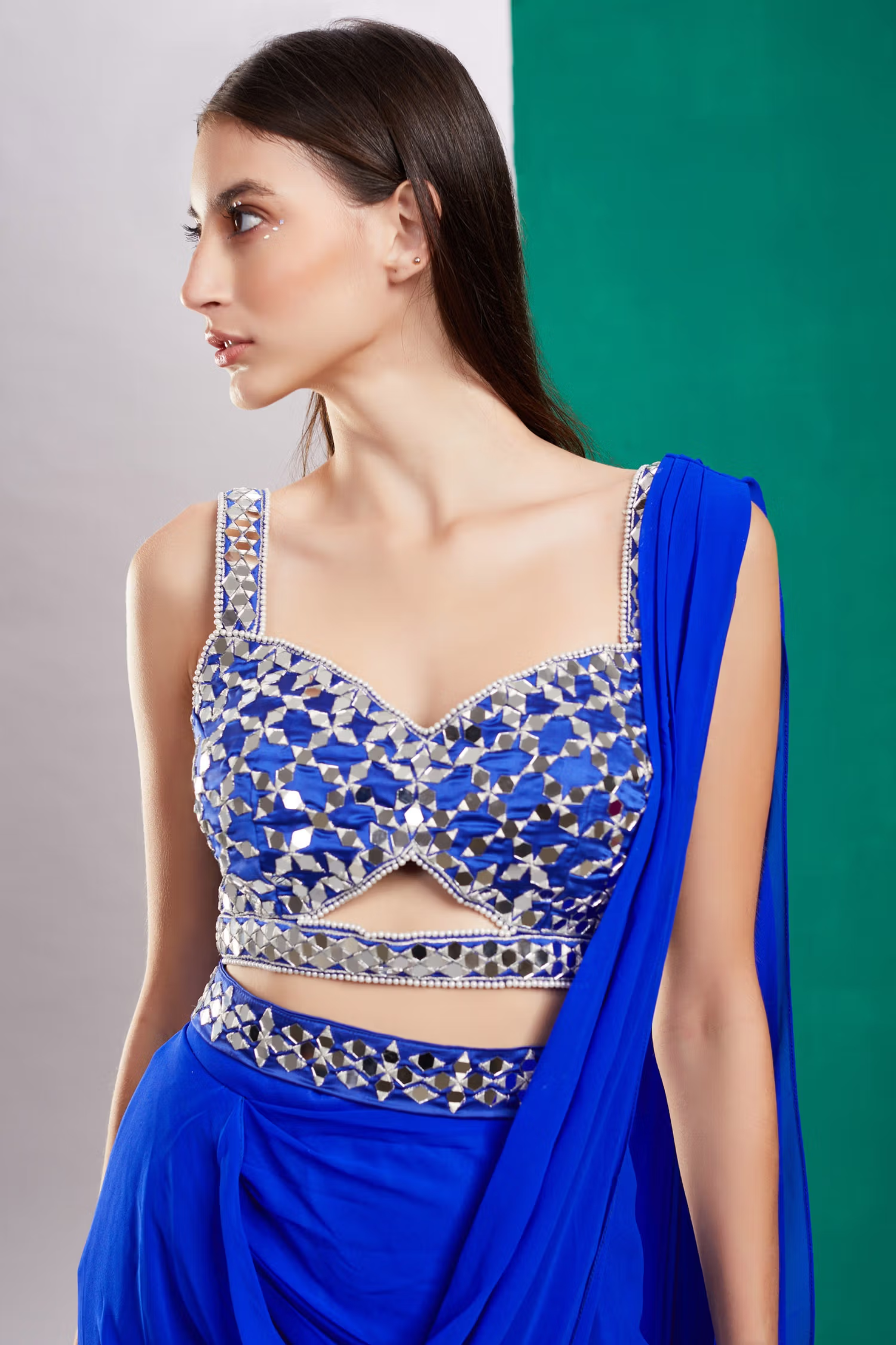 blue draped saree