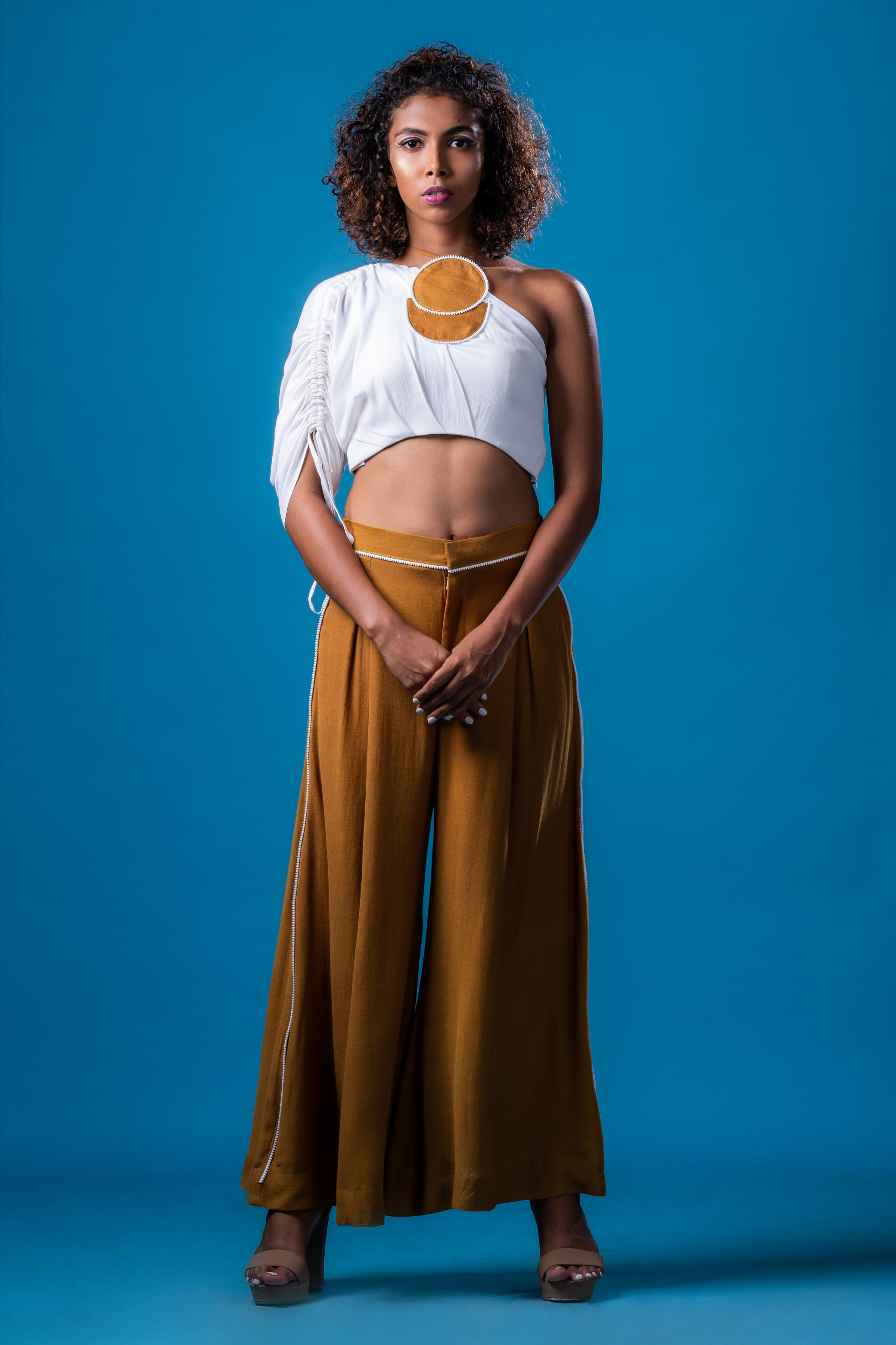 White Crop Top With light brown Palazzo Pants