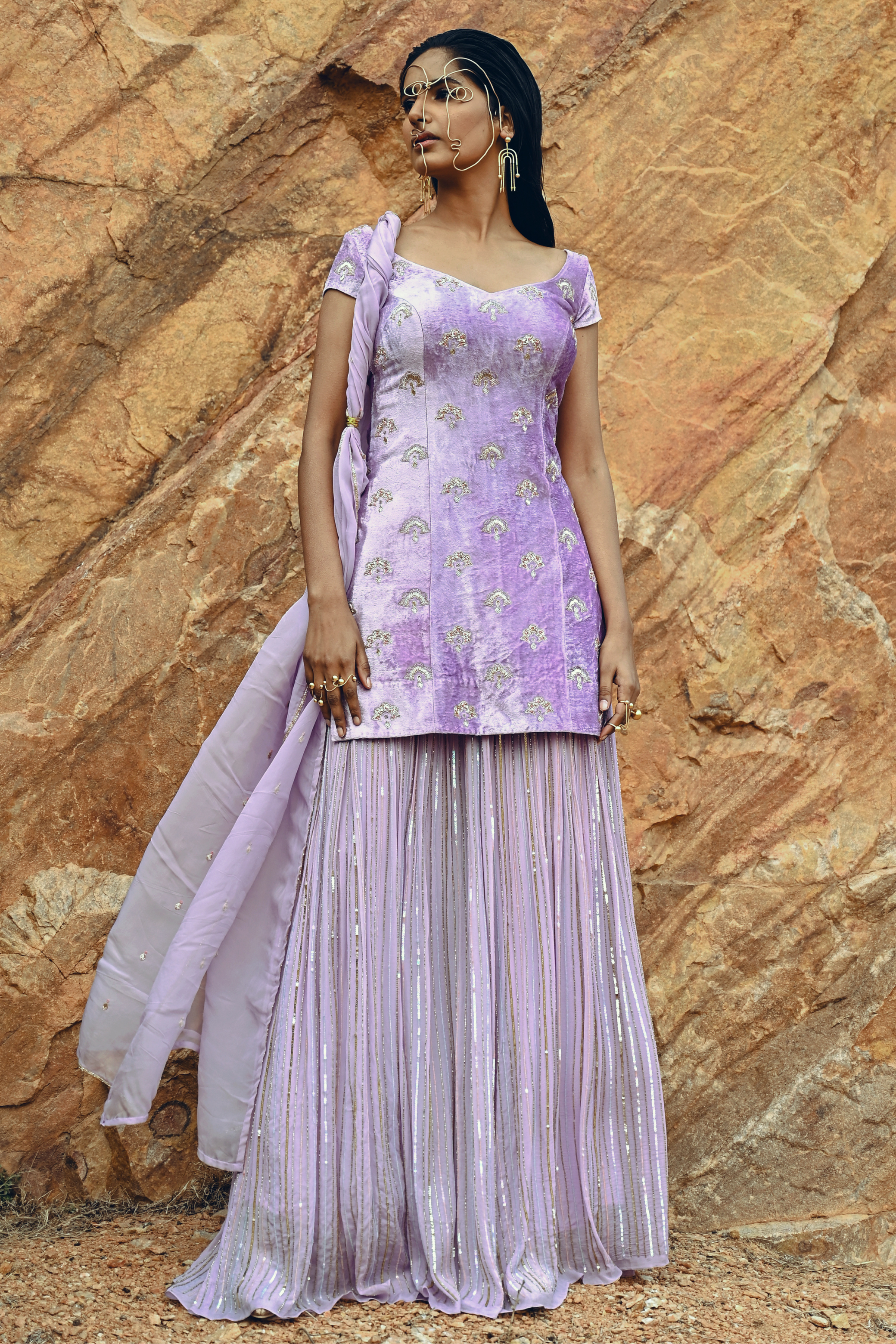 Lavender Sharara Set in Velvet 
