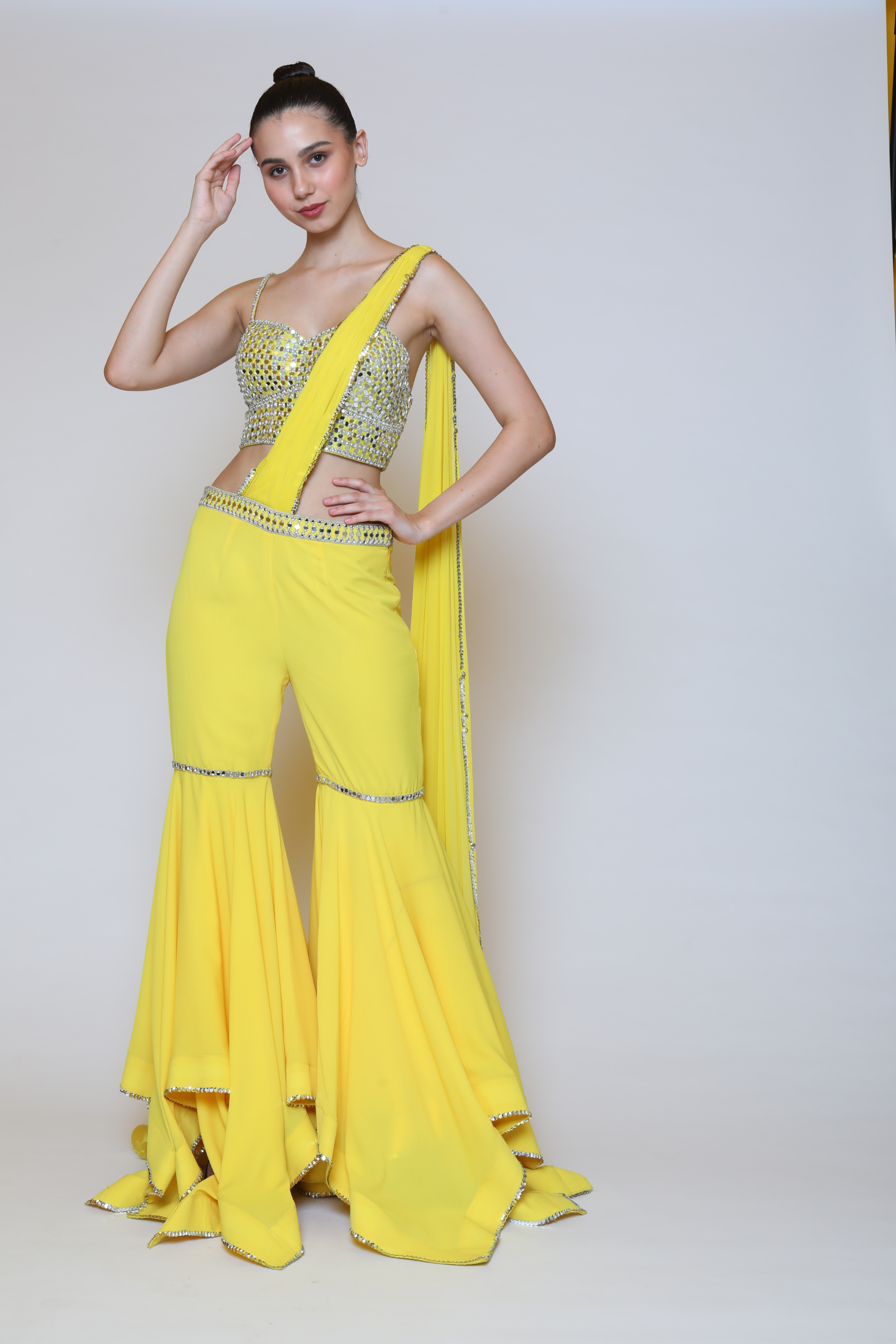Yellow Draped Gharara Set With Mirror Work