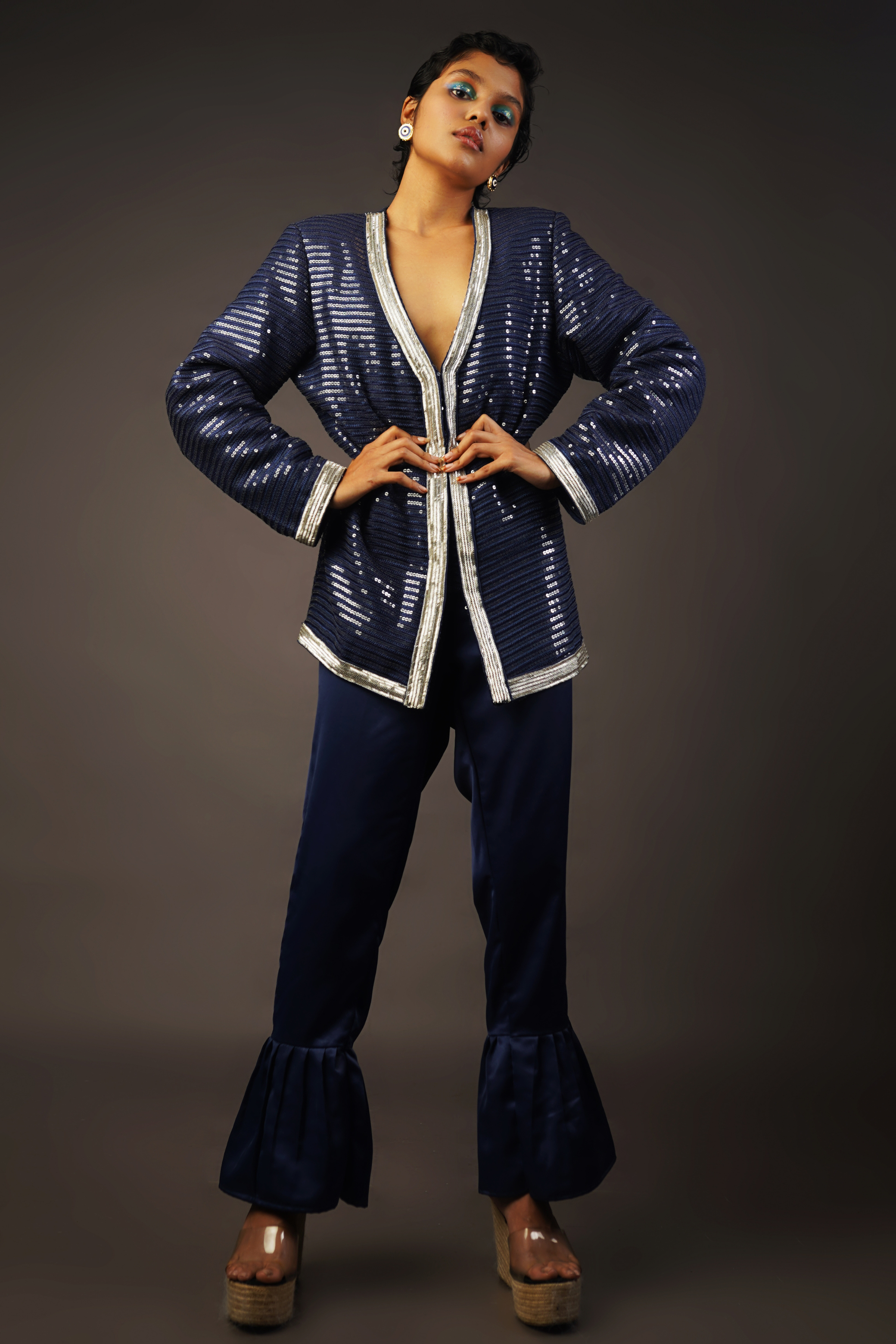 Sequinned Blue Jacket and Flared Trouser Set