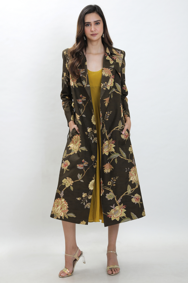 Olive Slip Dress With Floral Trenchcoat