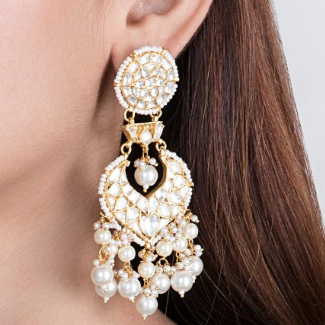 Gold Finish Kundan Earrings with Pearl Hangings