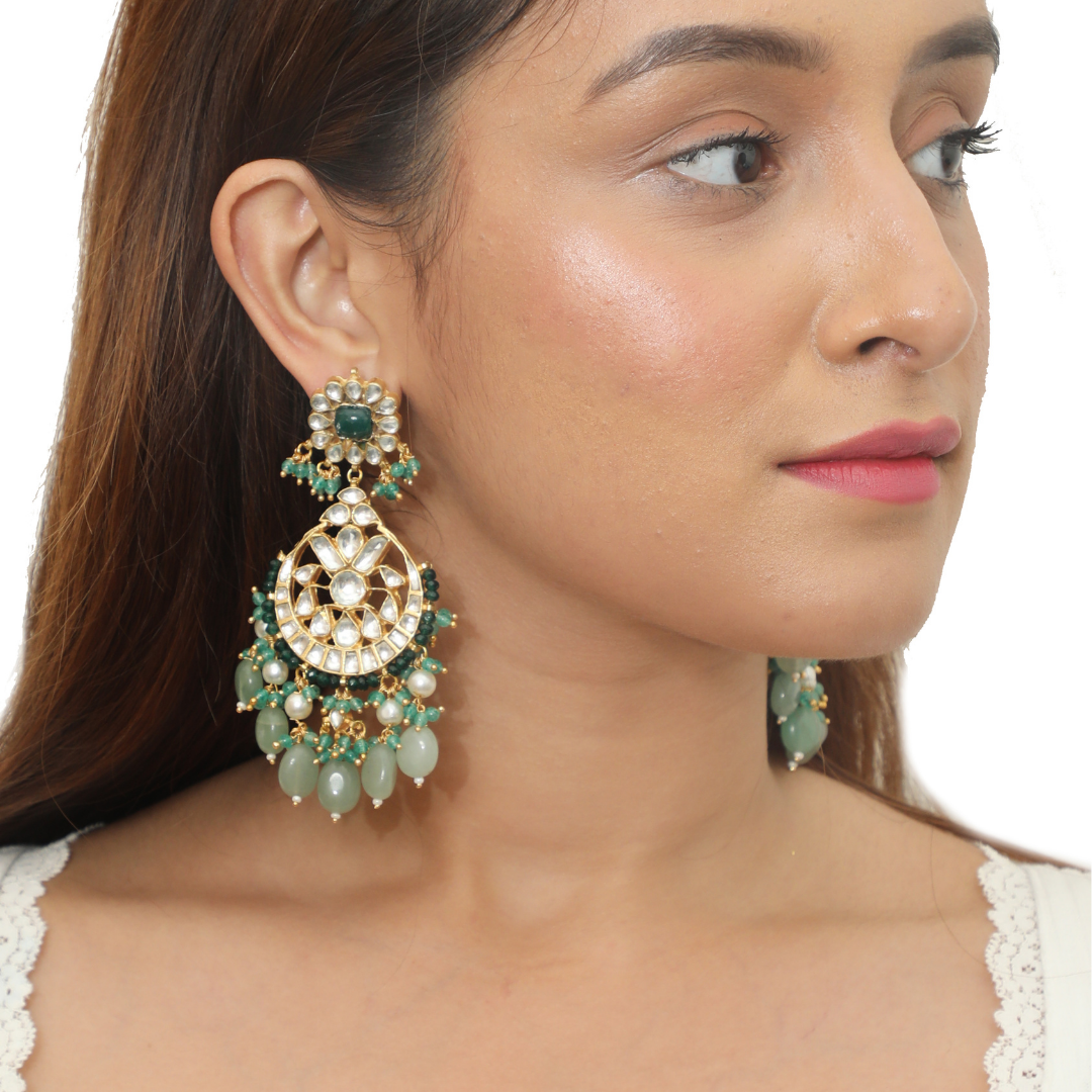  Earrings with Kundan and elegant deep green bead in center and sea green beads with white pearl drops