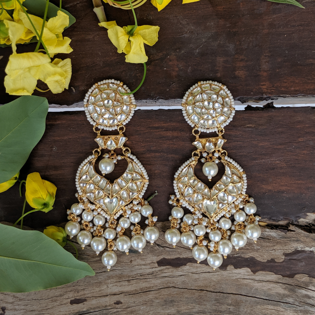 Gold Finish Kundan Earrings with Pearl Hangings