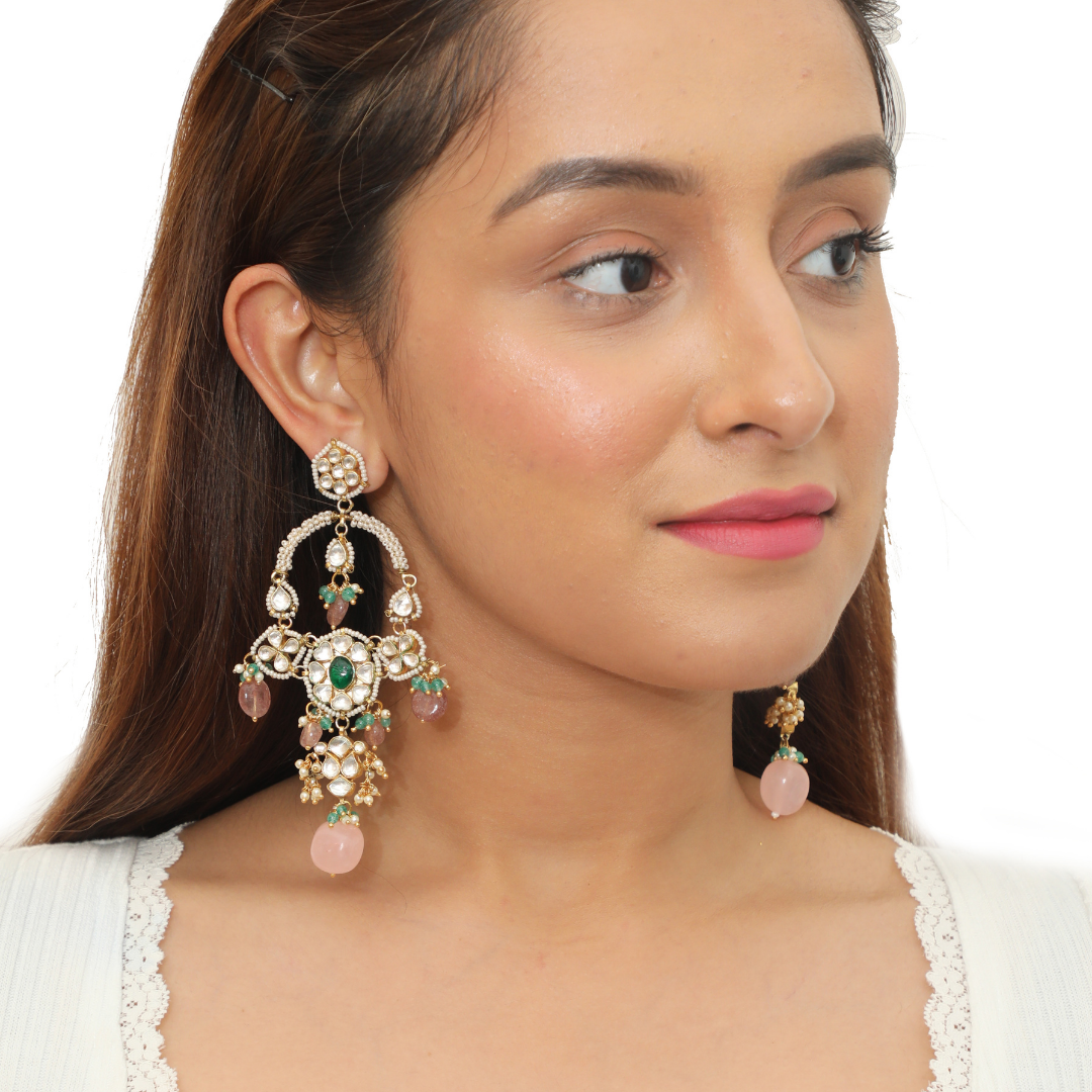 Set with Kundan and pearl work with pretty pink bead drops