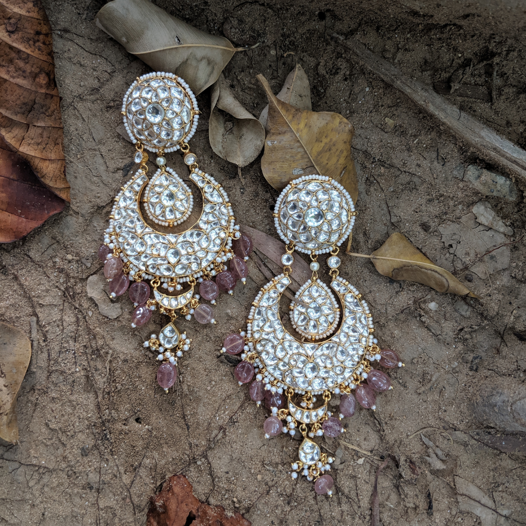 22K gold plated Chand earrings studded with Jadtar stones