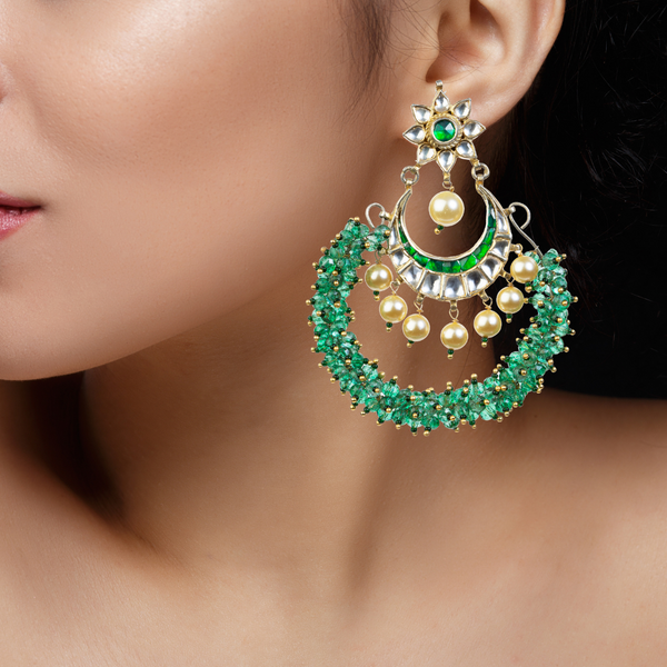 22k gold plating kundan with light green cluster of beads and pearls drops.
