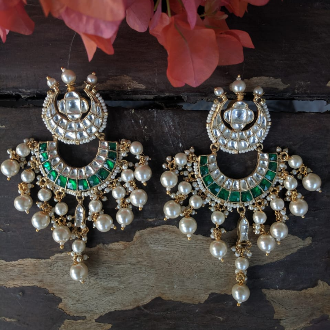 Kundan and Meenakari Chandbaali Earrings