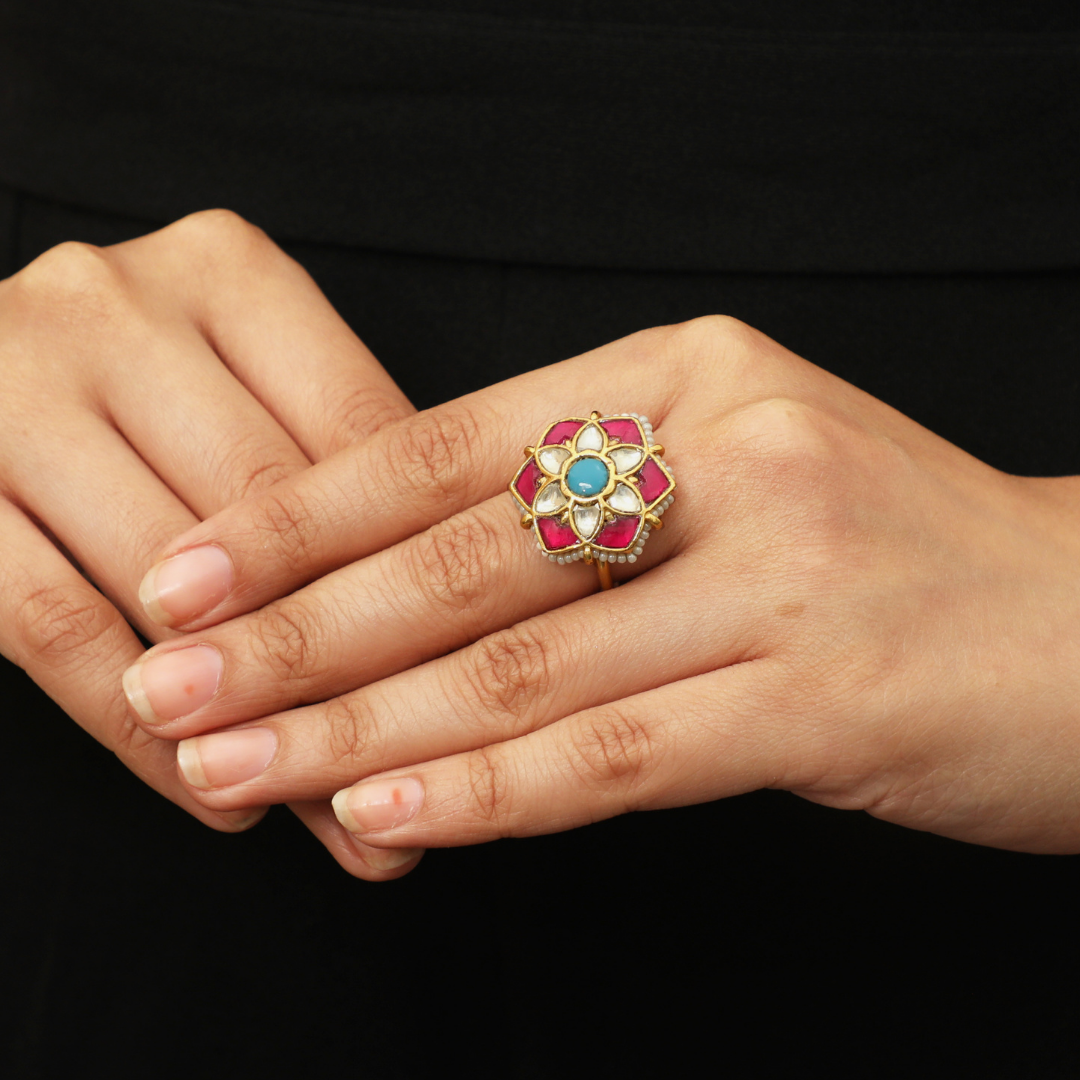This big stone floral pink and blue, kundan ring 