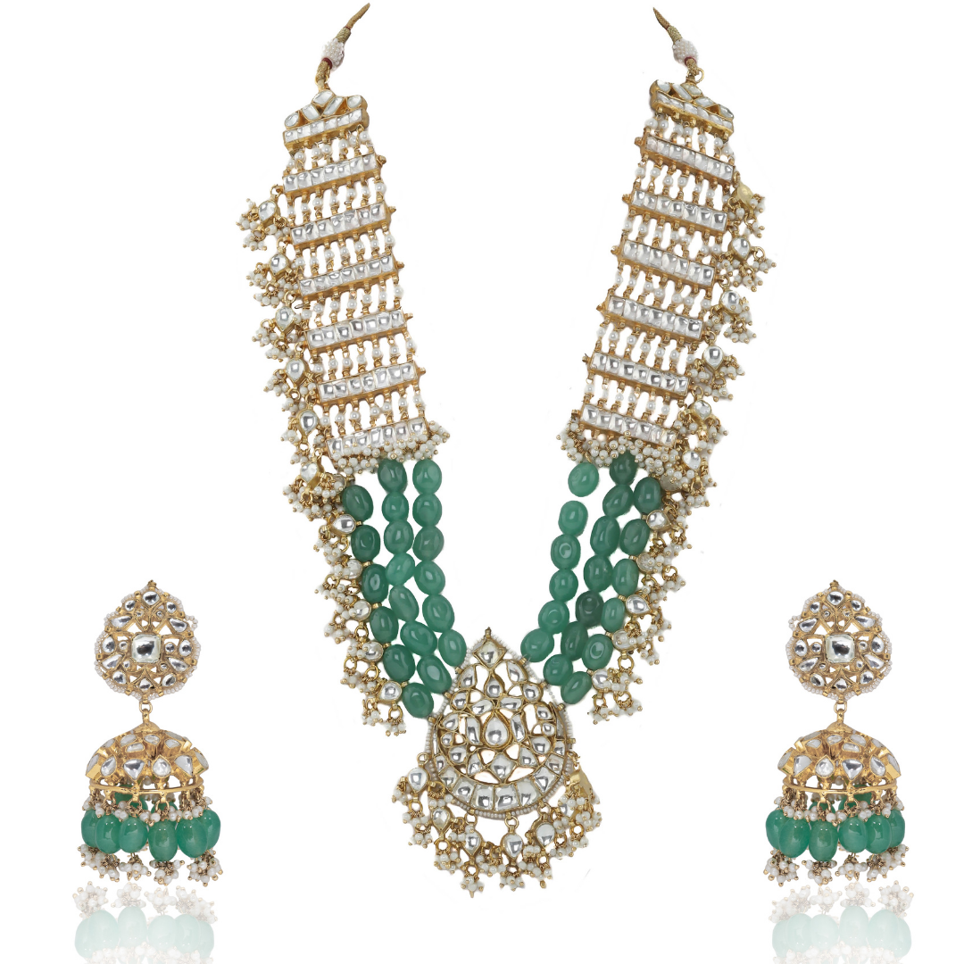 his long necklace set mixed with green beads and jadtar stones