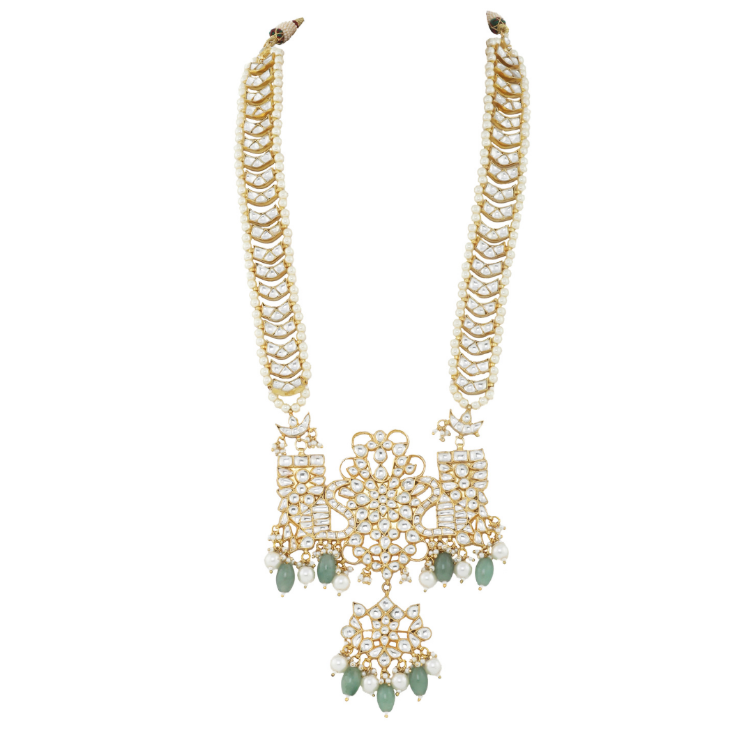 This long 22K gold plated necklace set mixed with green beads and jadtar stones 