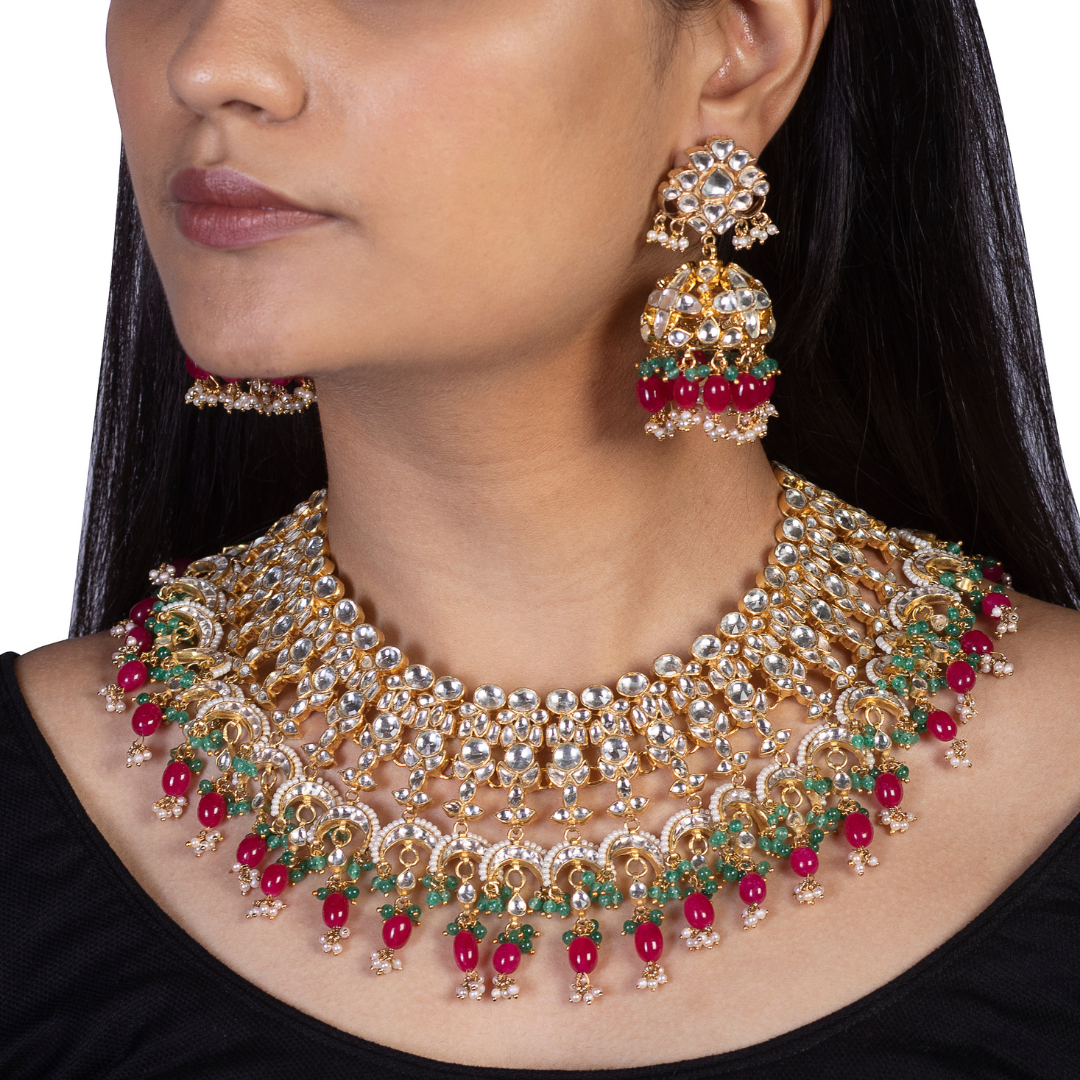 Kundan Necklace with tiny Crescent moon detailing's and ruby, white and green pearl drops