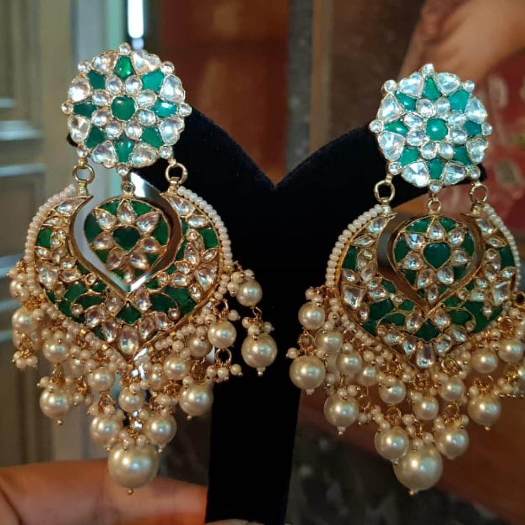 Kundan and Meenakari Chandbaali Earrings