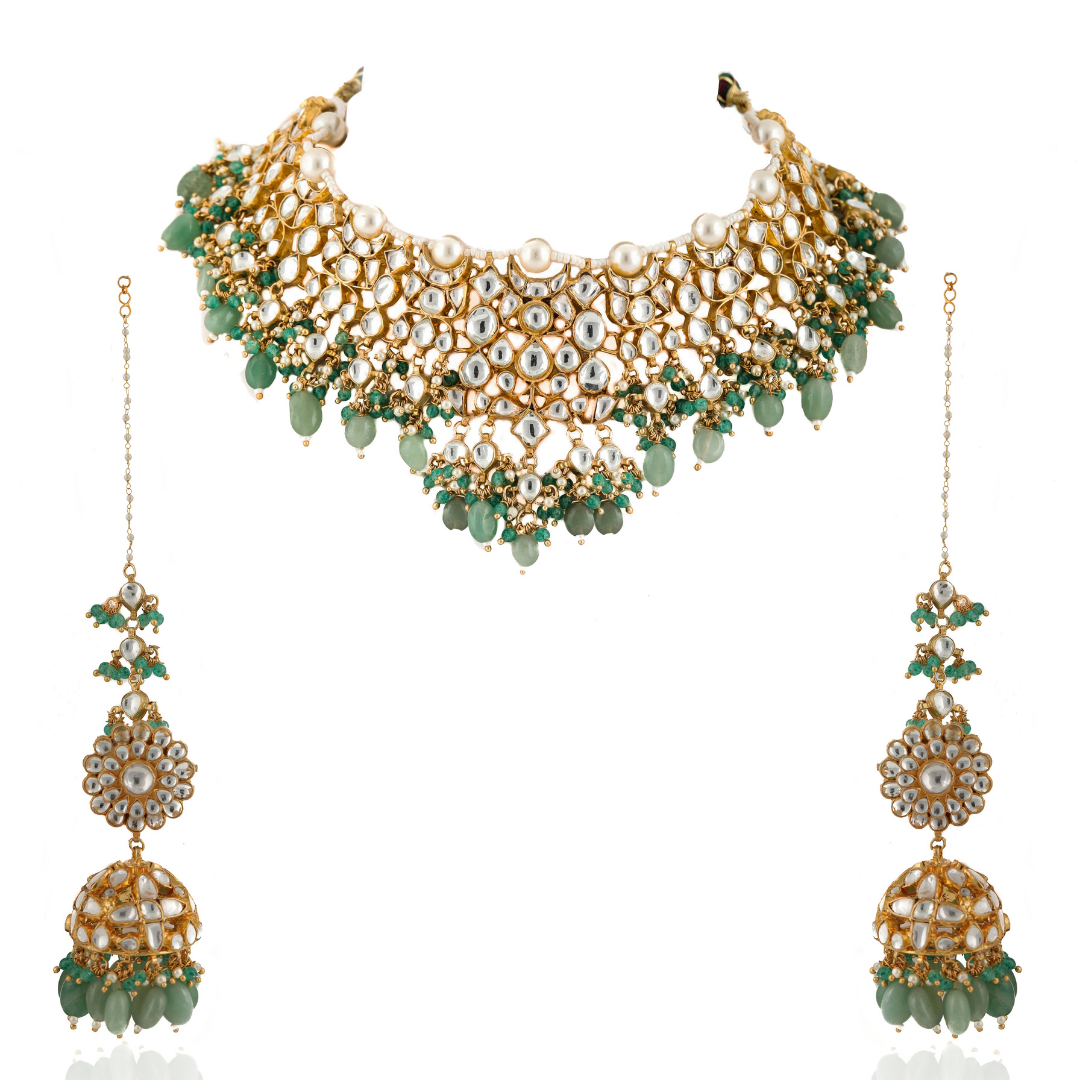 real jadtar stone heavy necklace with semi-precious  pearl and glass sea green beads