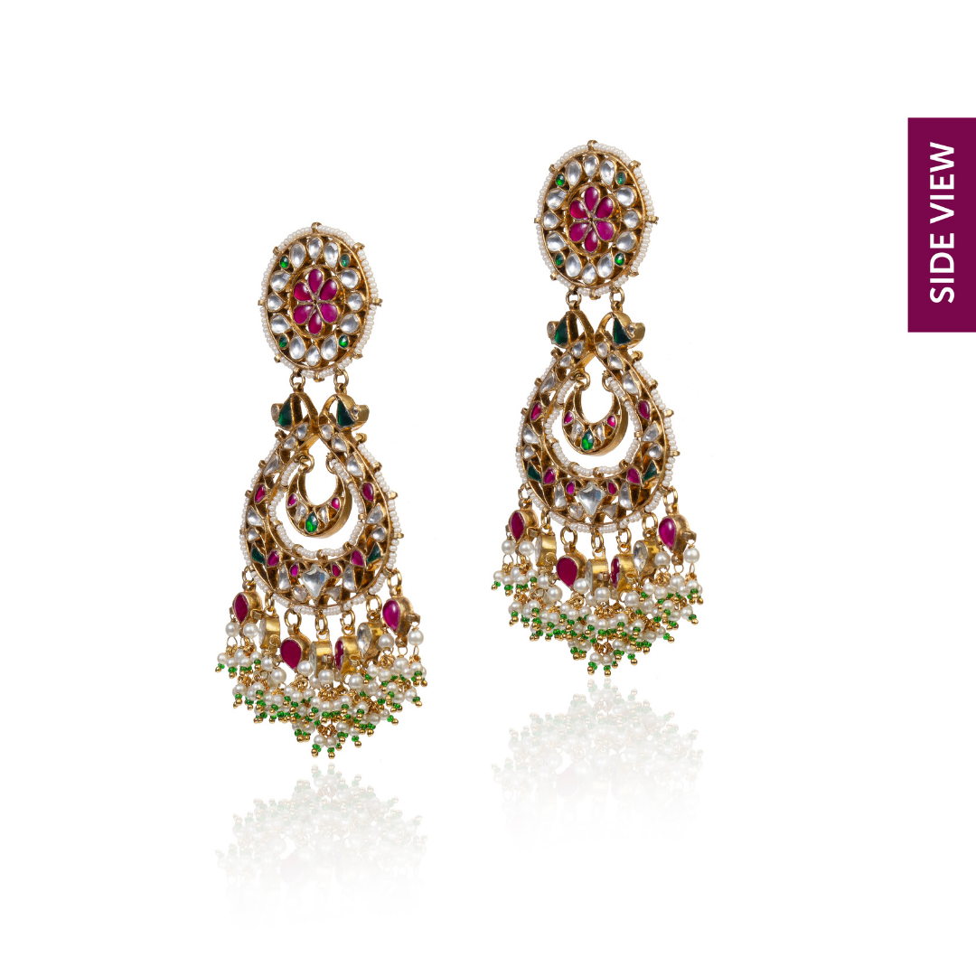 22K gold plated Kundan and pearl drops, chandbaali earrings