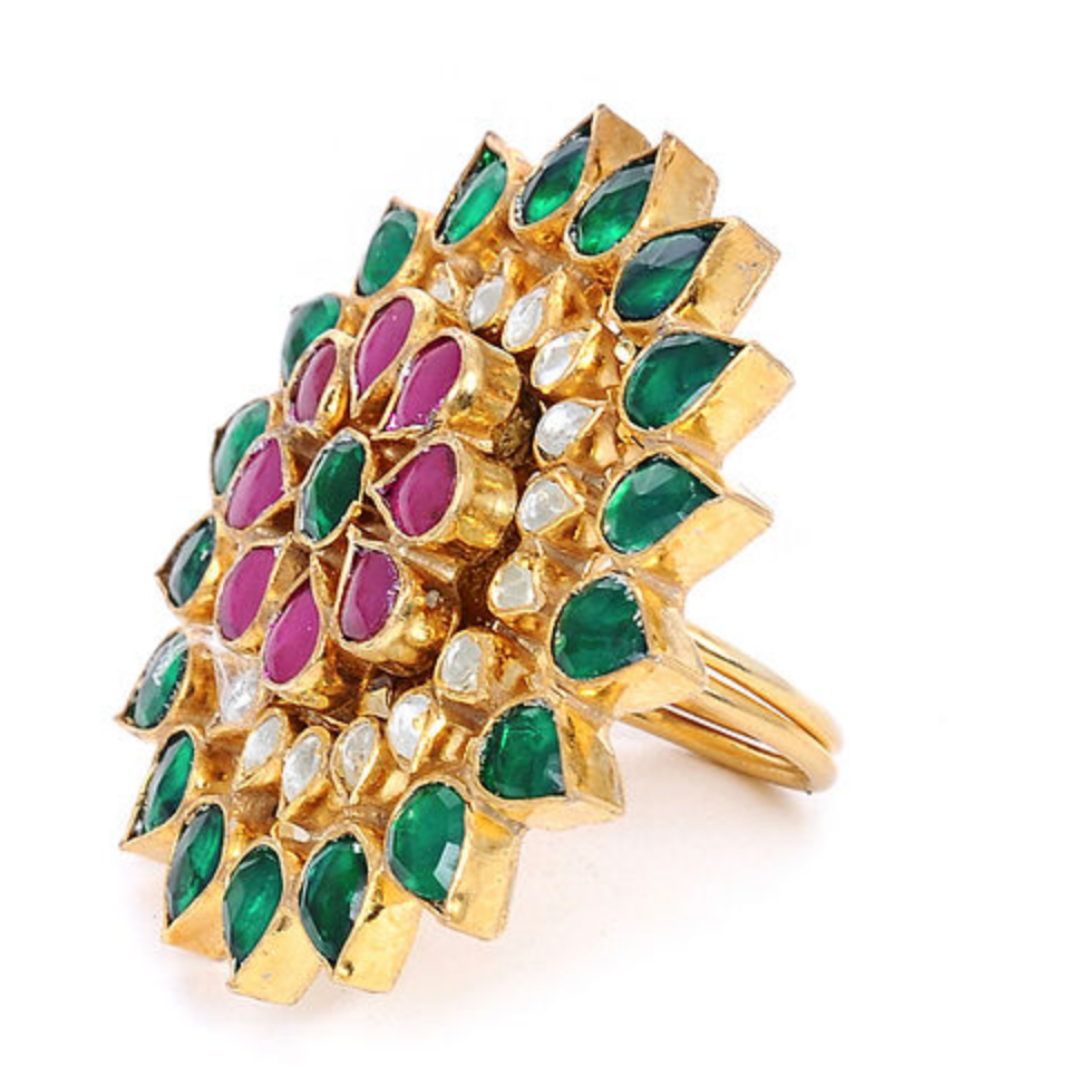 Flower ring with pearl and red and green meenakari work petals