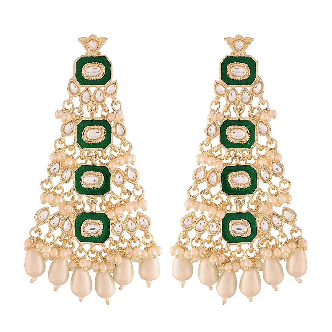 Green long kundan and pearl earrings
