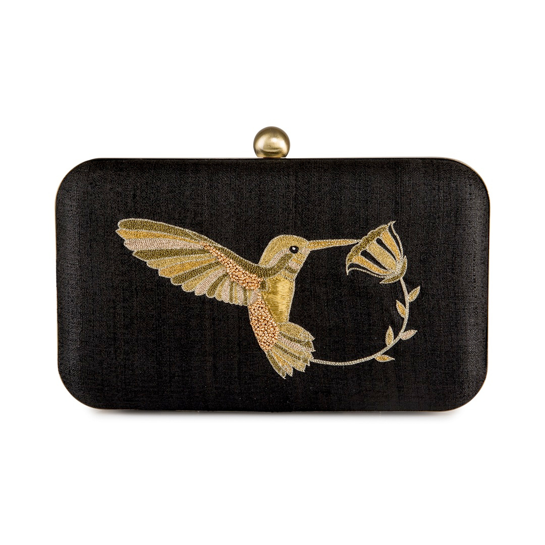 Black Clutch with Embroidered Bird Motif