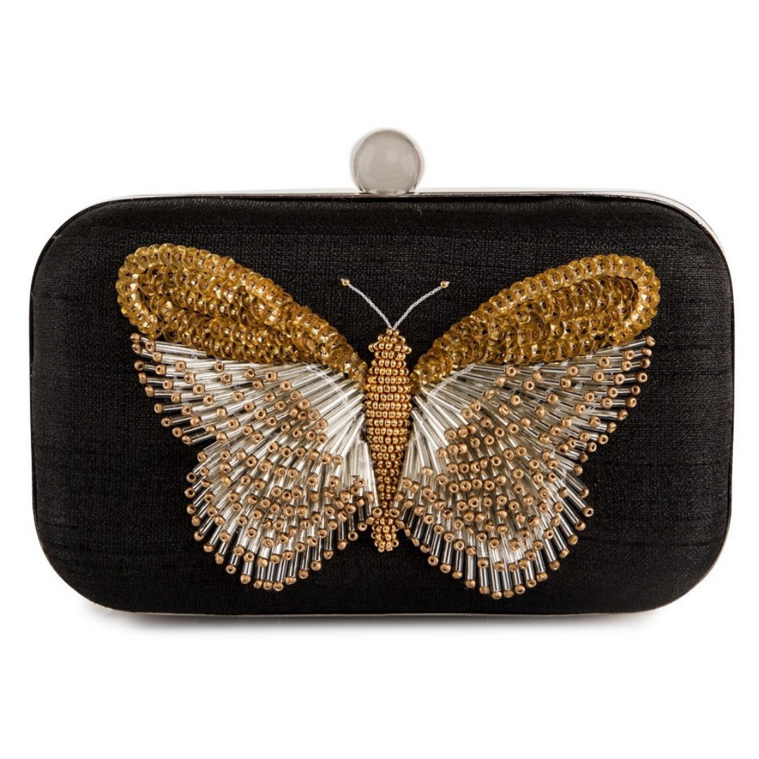 Black Clutch with Embroidered Butterfly Motif