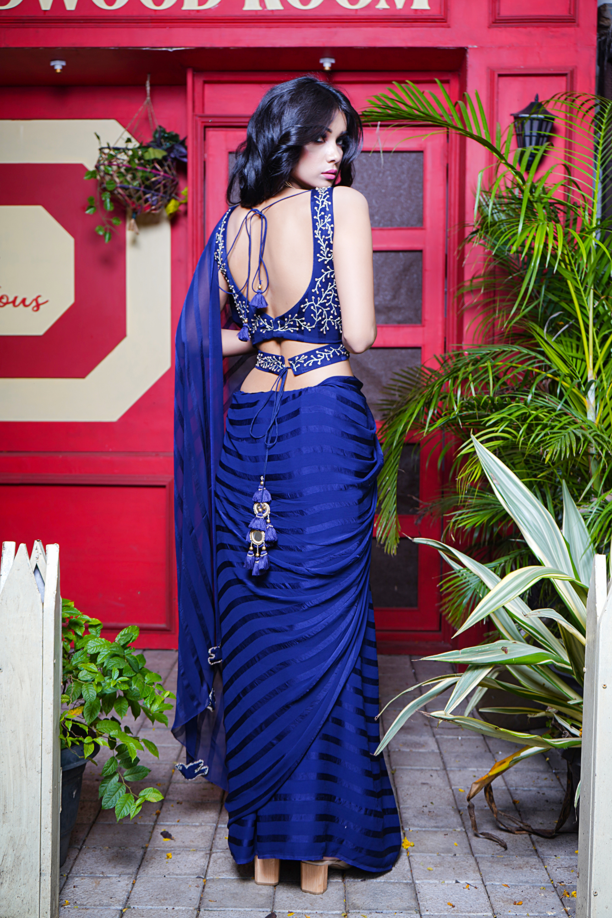 Blue saree with blouse and belt
