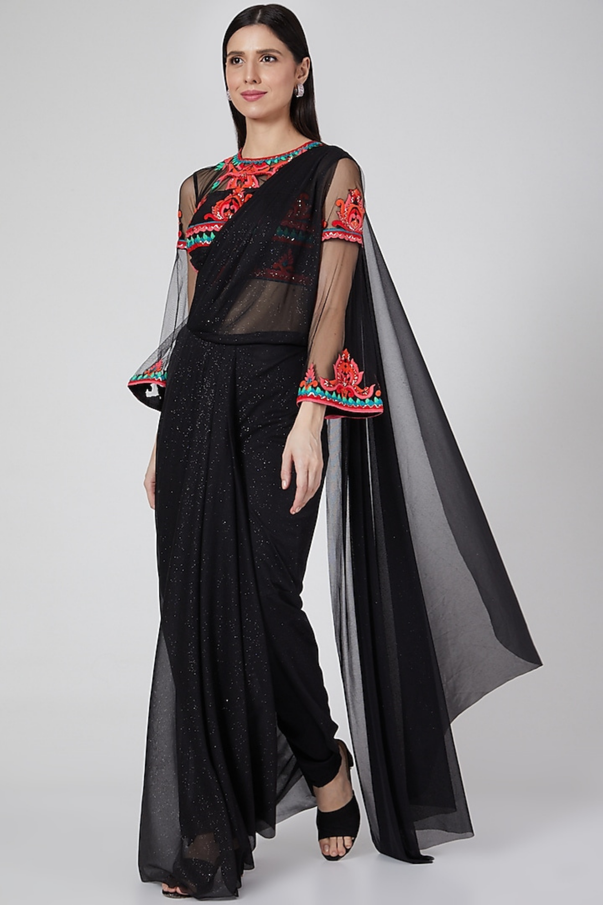 Black Draped Pant Sari with Embroidered Blouse