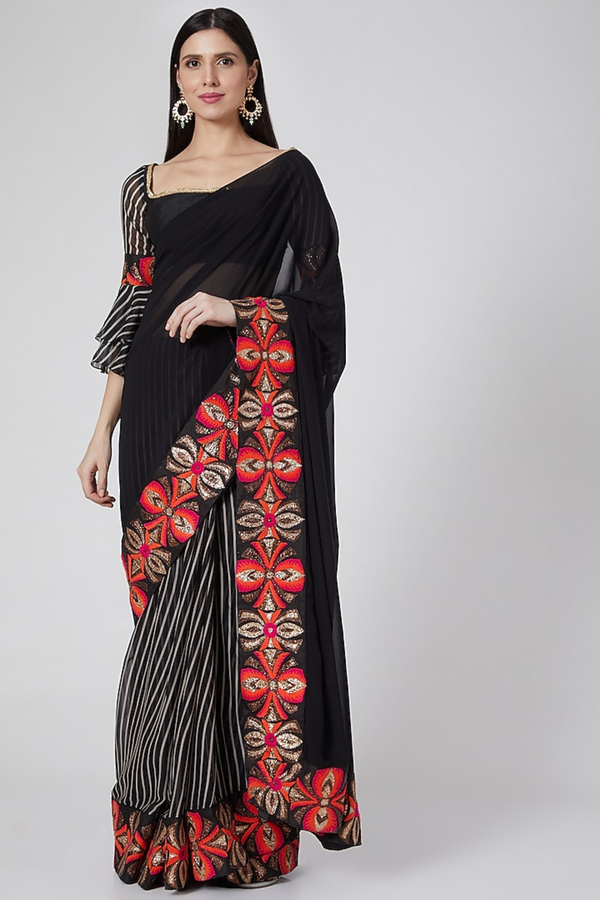 Black Embroidered Saree with Stripes