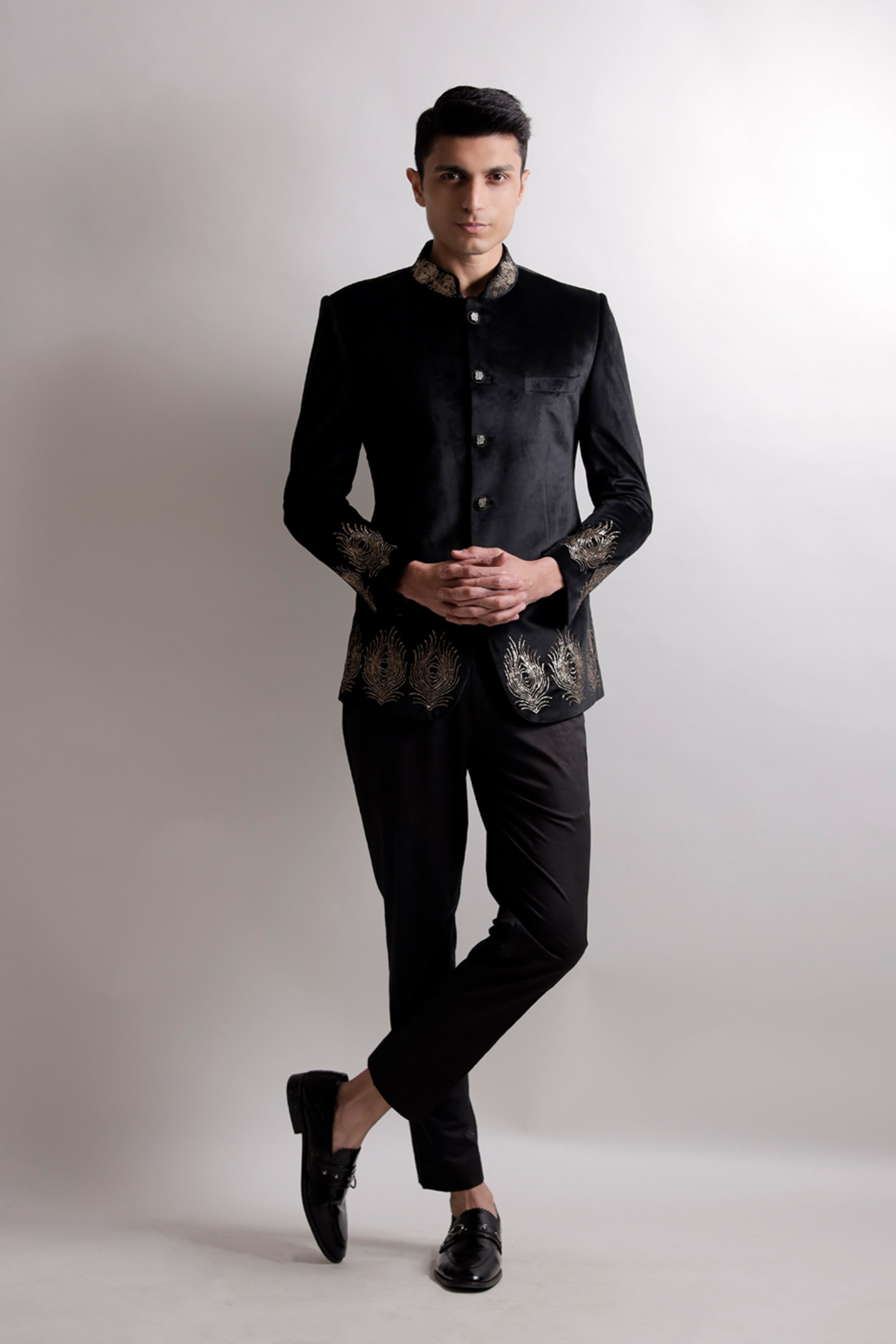 Black Embroidred Bandhgala Set for Men