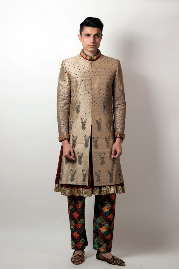 Beige Embroidered Men's Sherwani Jacket
