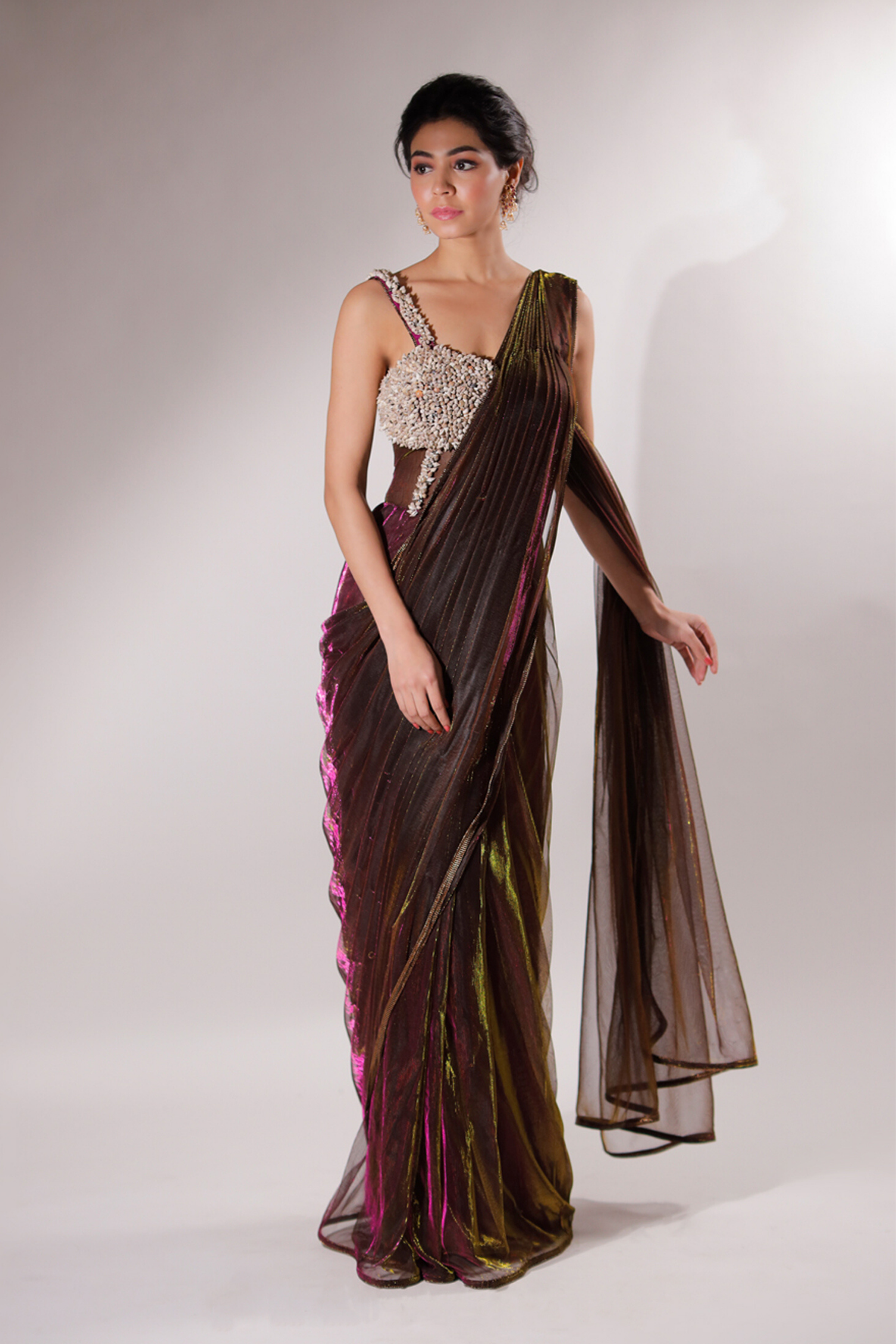 Metallic Net Sari Gown