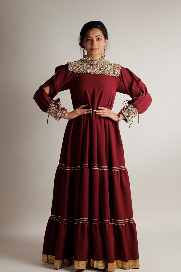 Maroon Embroidered Tiered Gown