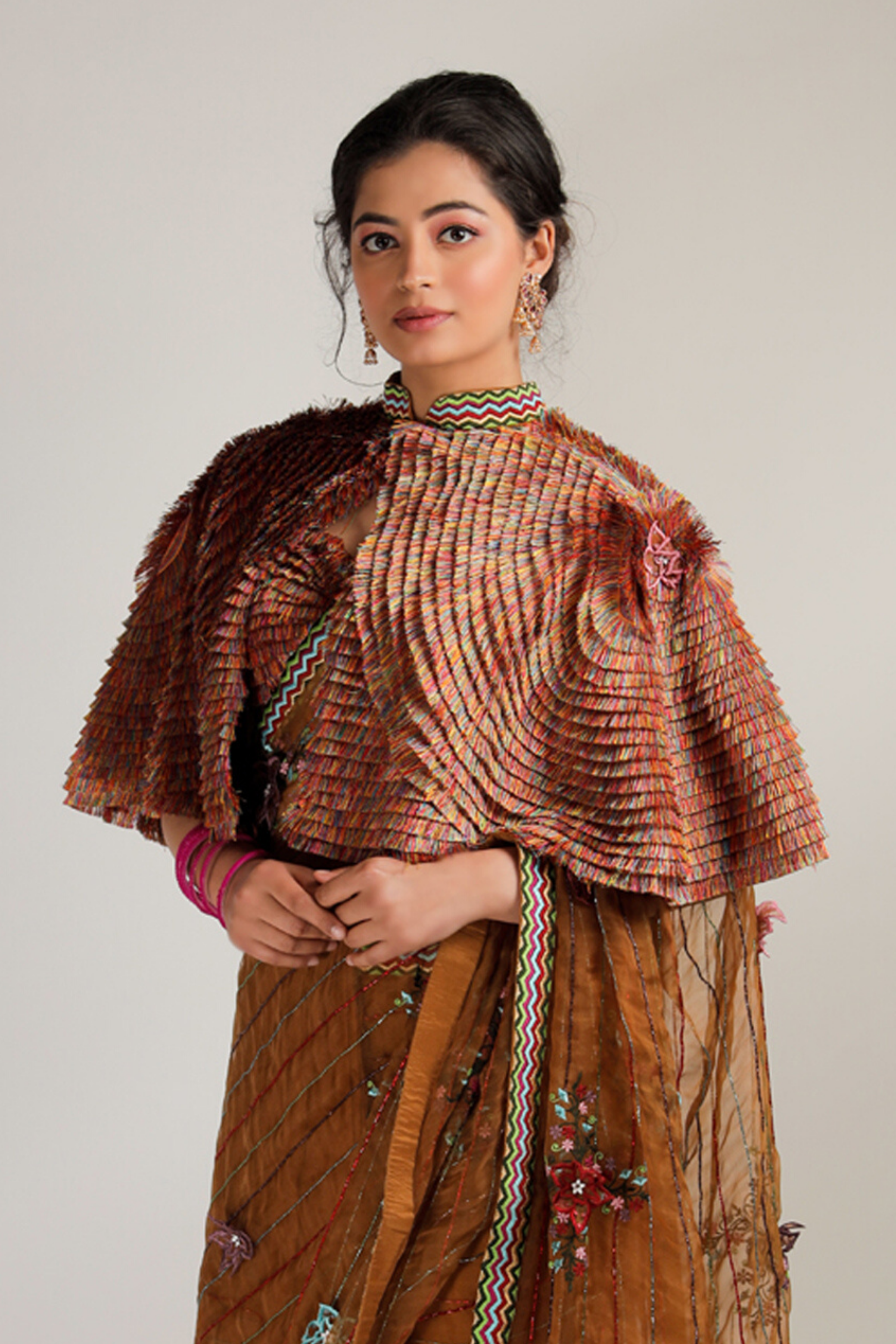 Brown Saree with Bralette and Cape