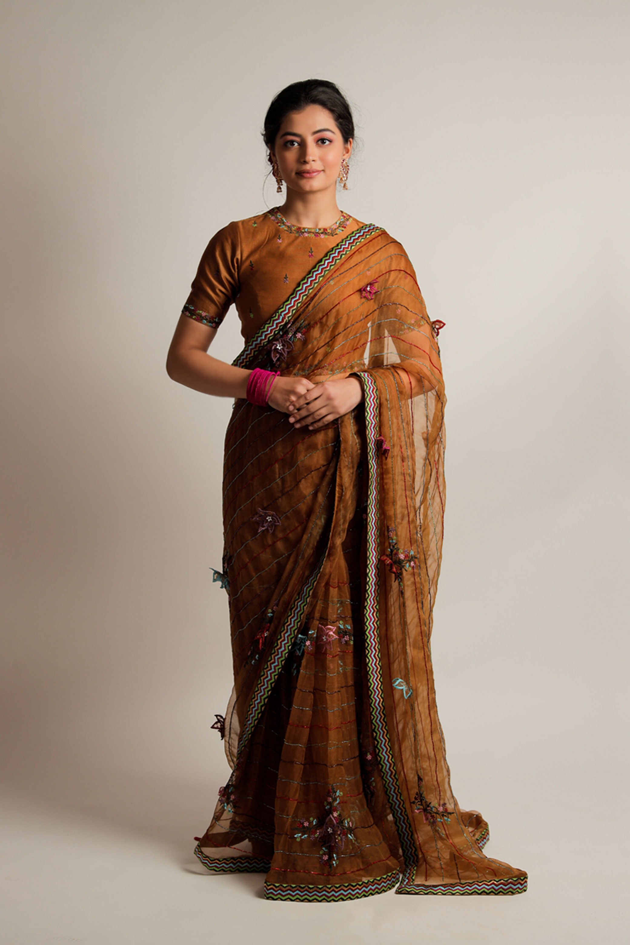 Brown Organza Saree with Embroidered Blouse