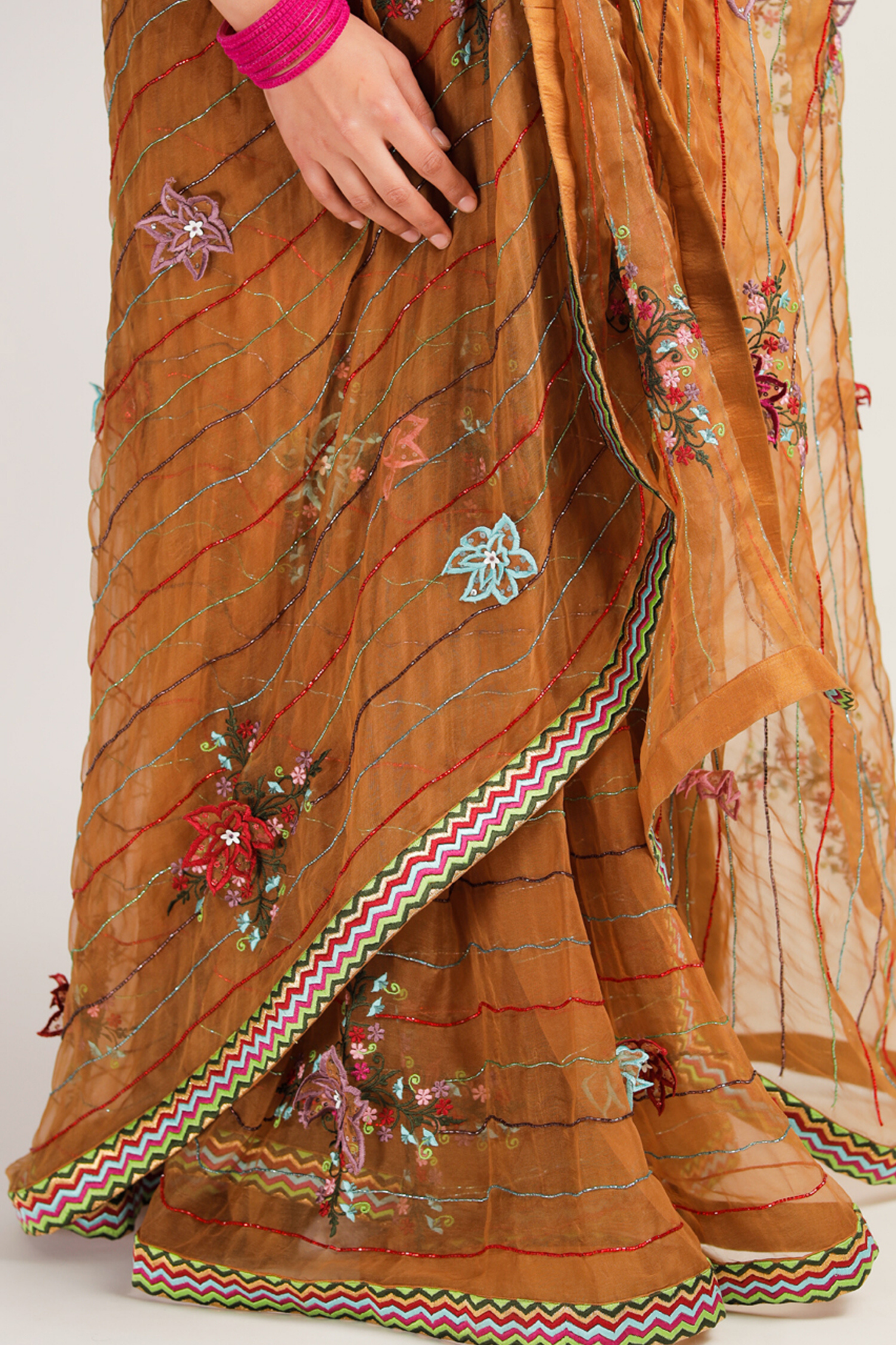 Brown Saree with Embroidered Blouse