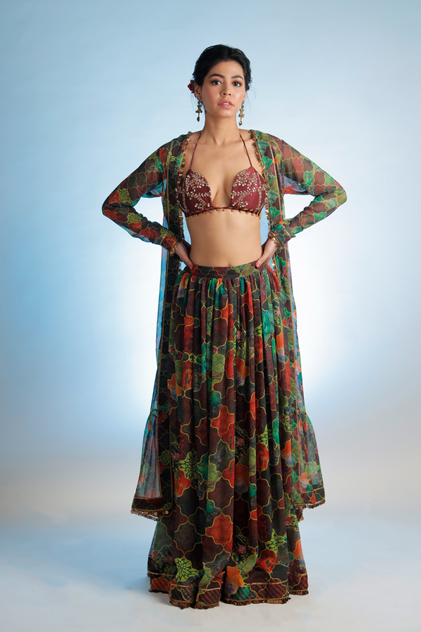 Printed and Embroidered Pant and Cape Set