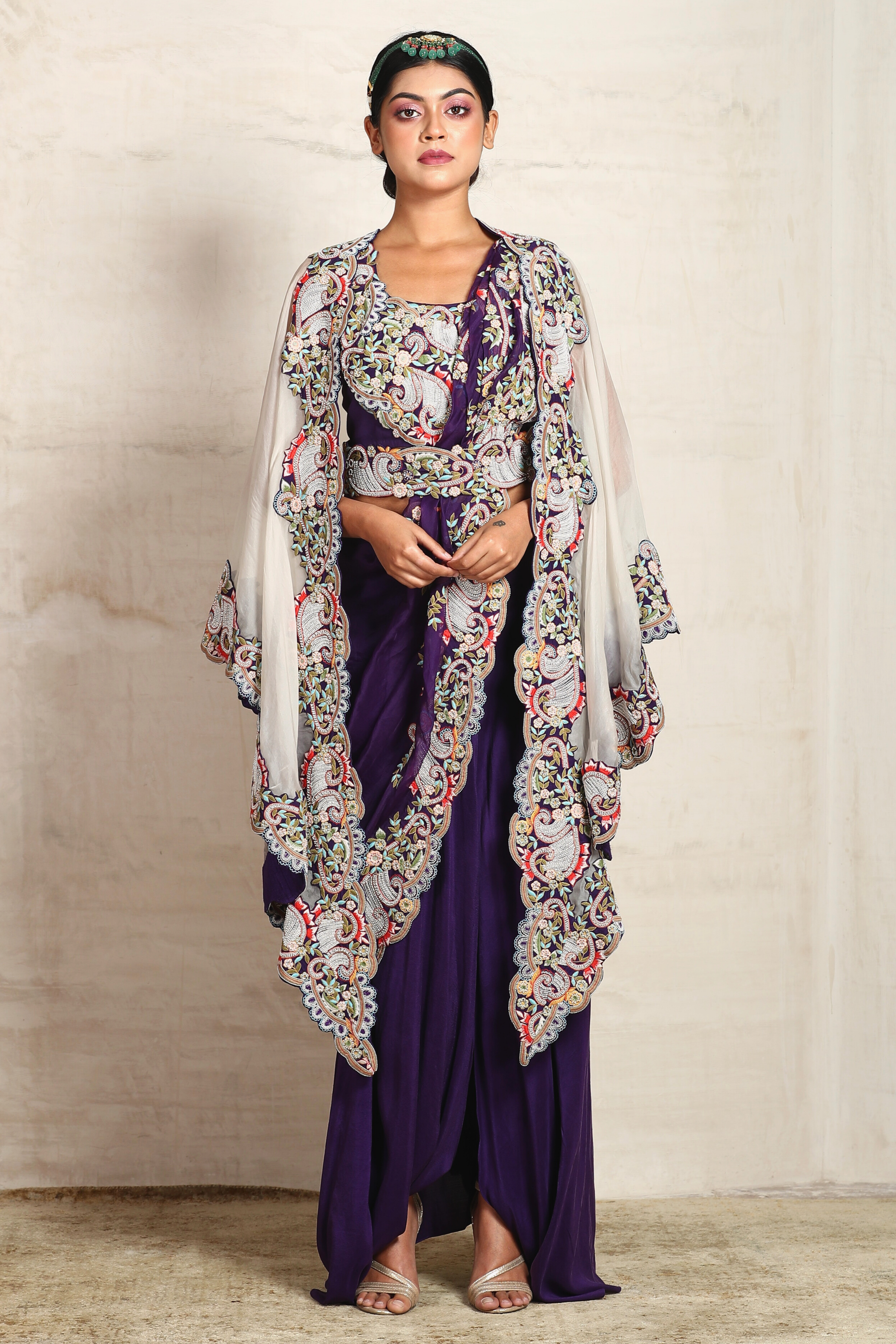 Purple Embroidered Skirt Set with Cape 