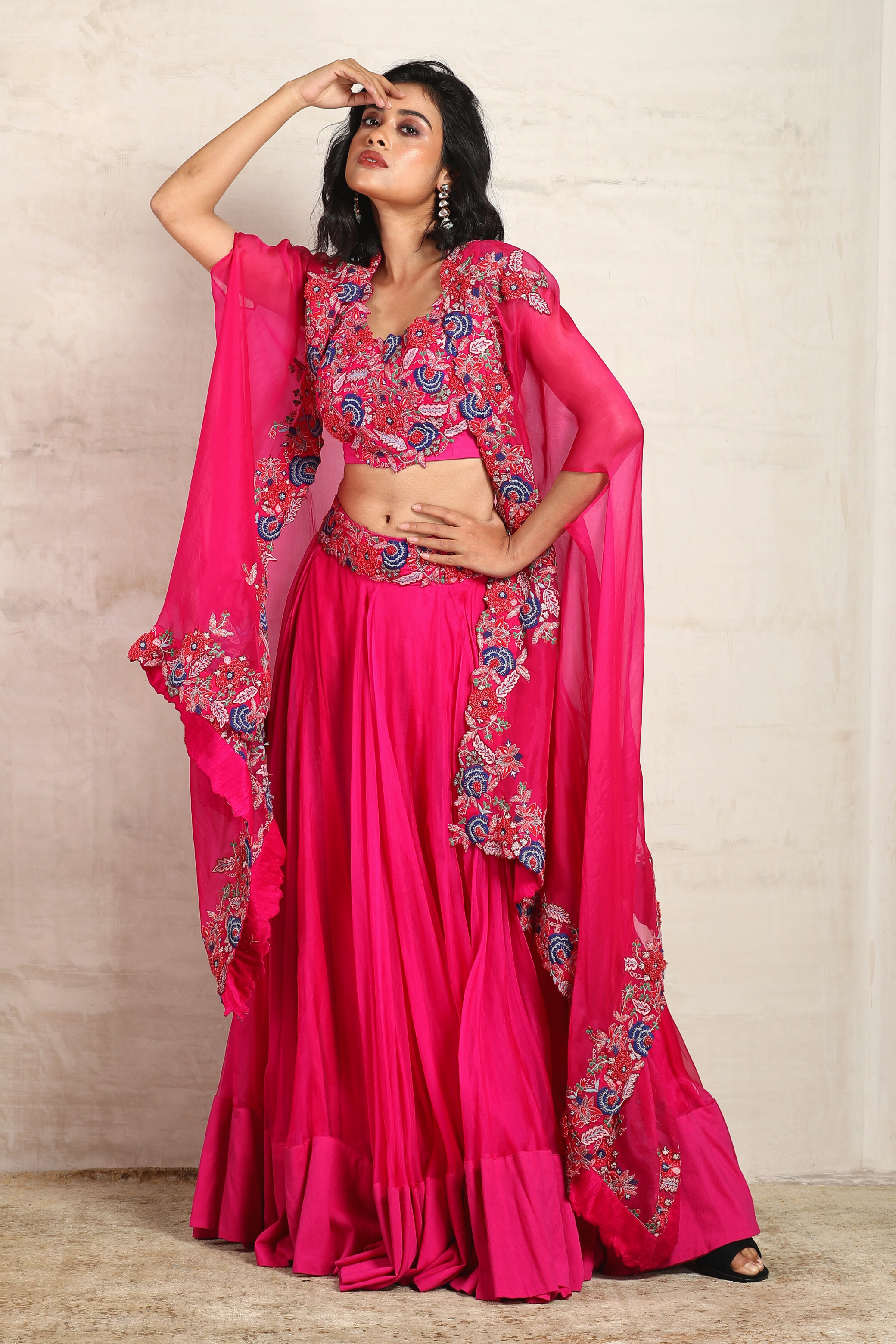 Pink Embroidered Skirt Set with Cape