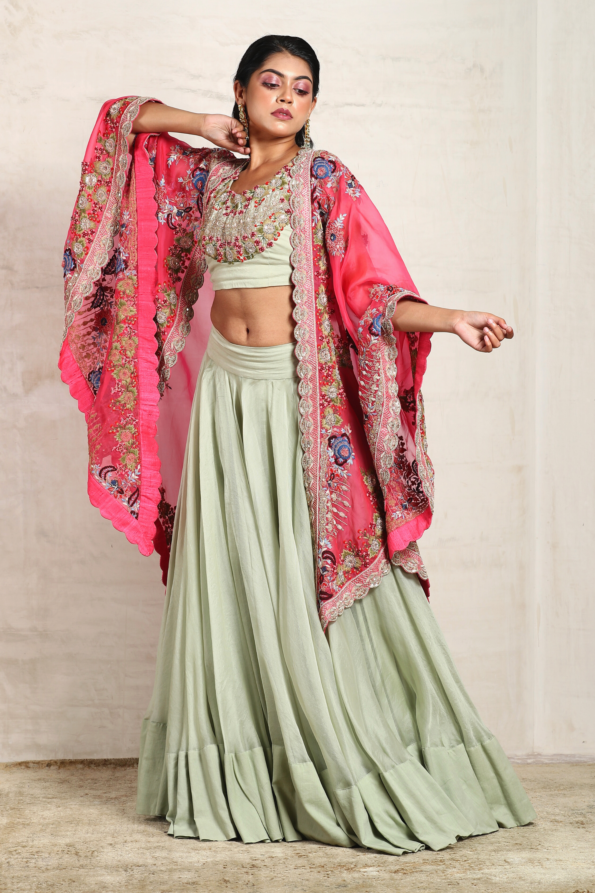 Sage Green Skirt Set with Pink Embroidered Cape