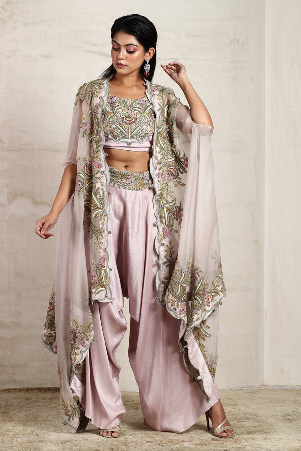 Mauve Embroidered Cape Set with Dhoti Pants